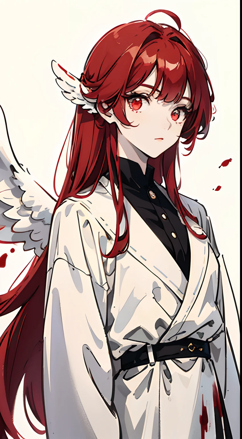 Brownish white gradient bangs，Long straight hair，red color eyes，Angel Wing Blood