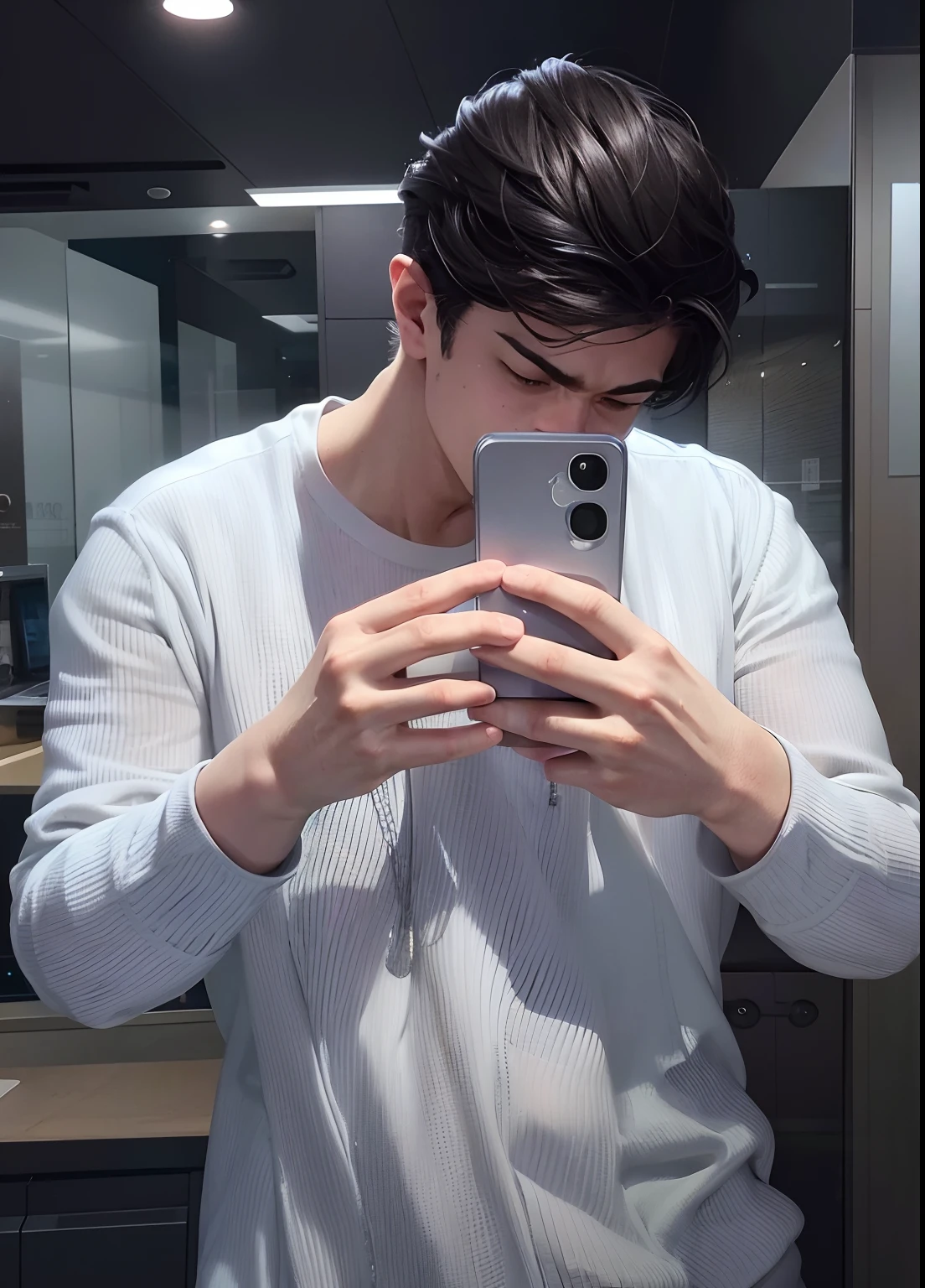 there is a man that is looking at his cell phone, looking at his phone, he is holding a smartphone, 8k selfie photograph, holding a very advance phone, very very low quality picture, selfie of a man, mirror selfie, shot on iphone 1 3 pro max, smartphone photography, low quality photograph, shot with iphone 1 0, shot on iphone 1 3 pro
