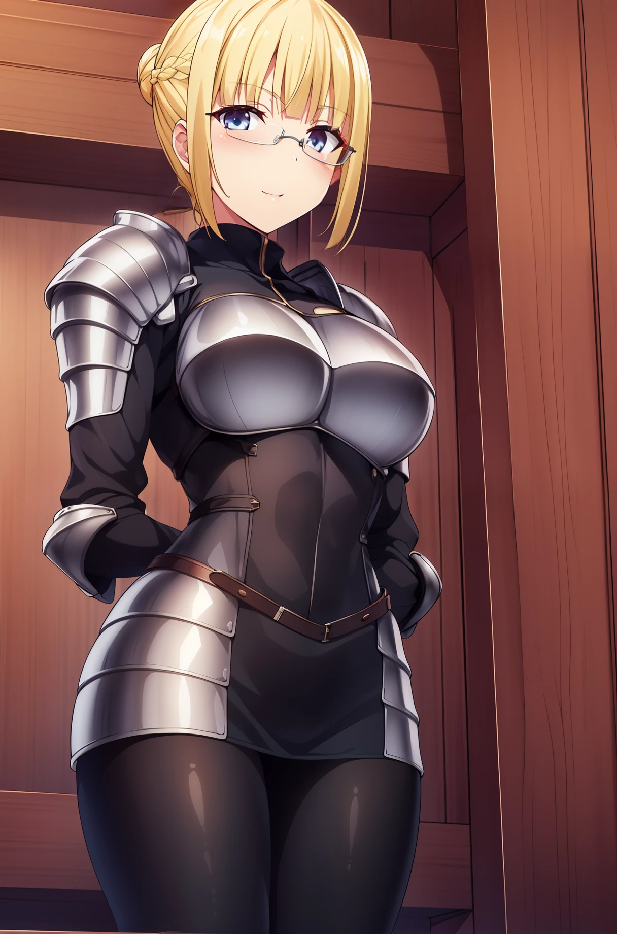 A cute knight commander with erect nipples wearing armor that exposes her breasts、Sweaty smell、Blonde