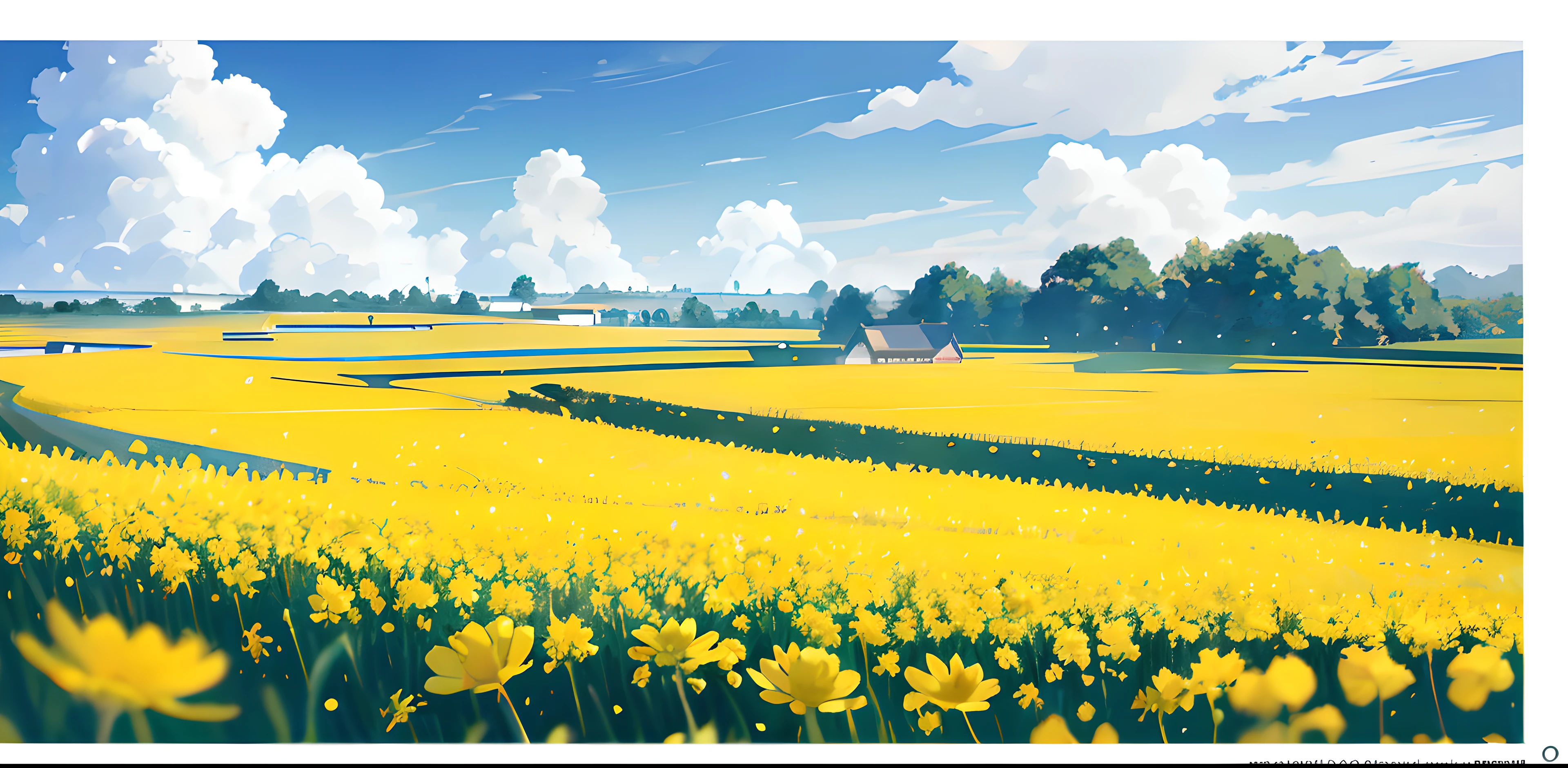 夏天、grassy fields、Canola flower field，A few small flowers、Paradisiacal view、large clouds、blue-sky、scorching weather、high definition detail、wet watermarks、hyper-detailing、cinematic ligh、ultra-realistic realism、Soft light、Deep field focus bokeh、Ray tracing and surrealism。