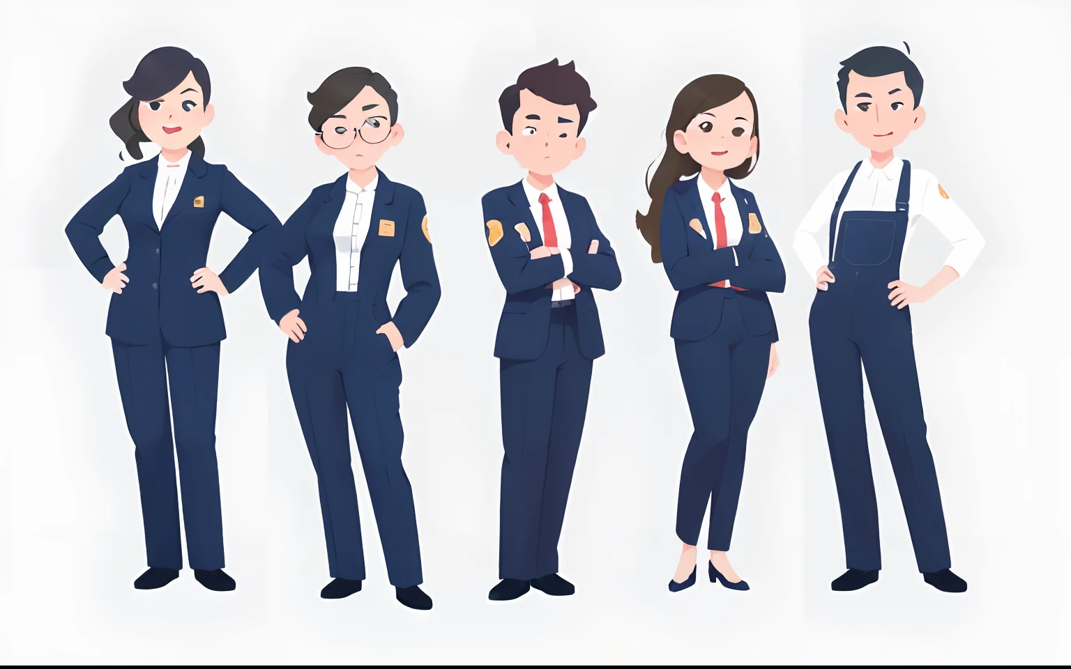 A group of people in business clothes stand in a row, Professional character design, character is standing, Coveralls, Flat illustration, Detailed characters, Coveralls, high quality character design, several character designs, corporate animation style, professional illustrations, character  design, Full body character design, charact, Highly detailed characters,