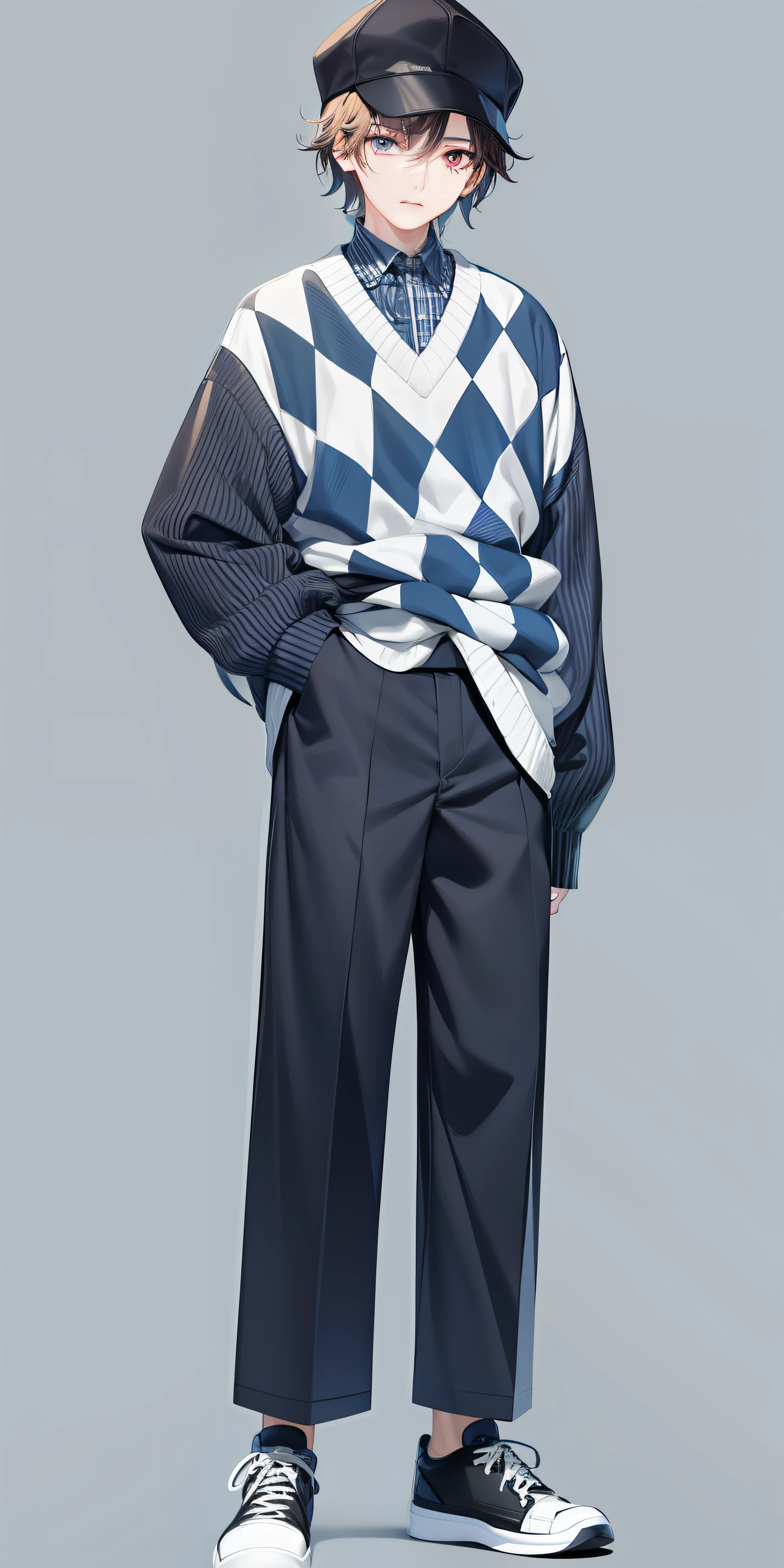 With a hat on、Anime characters in plaid shirts and pants, detailed fashion illustration, inspired by Russell Dongjun Lu, inspired by Sadao Watanabe, inspired by Yanjun Cheng, realistically rendered clothing, inspired by Gao Cen, Cai Xukun, inspired by Fei Danxu, Full body illustration, style of masami kurumada