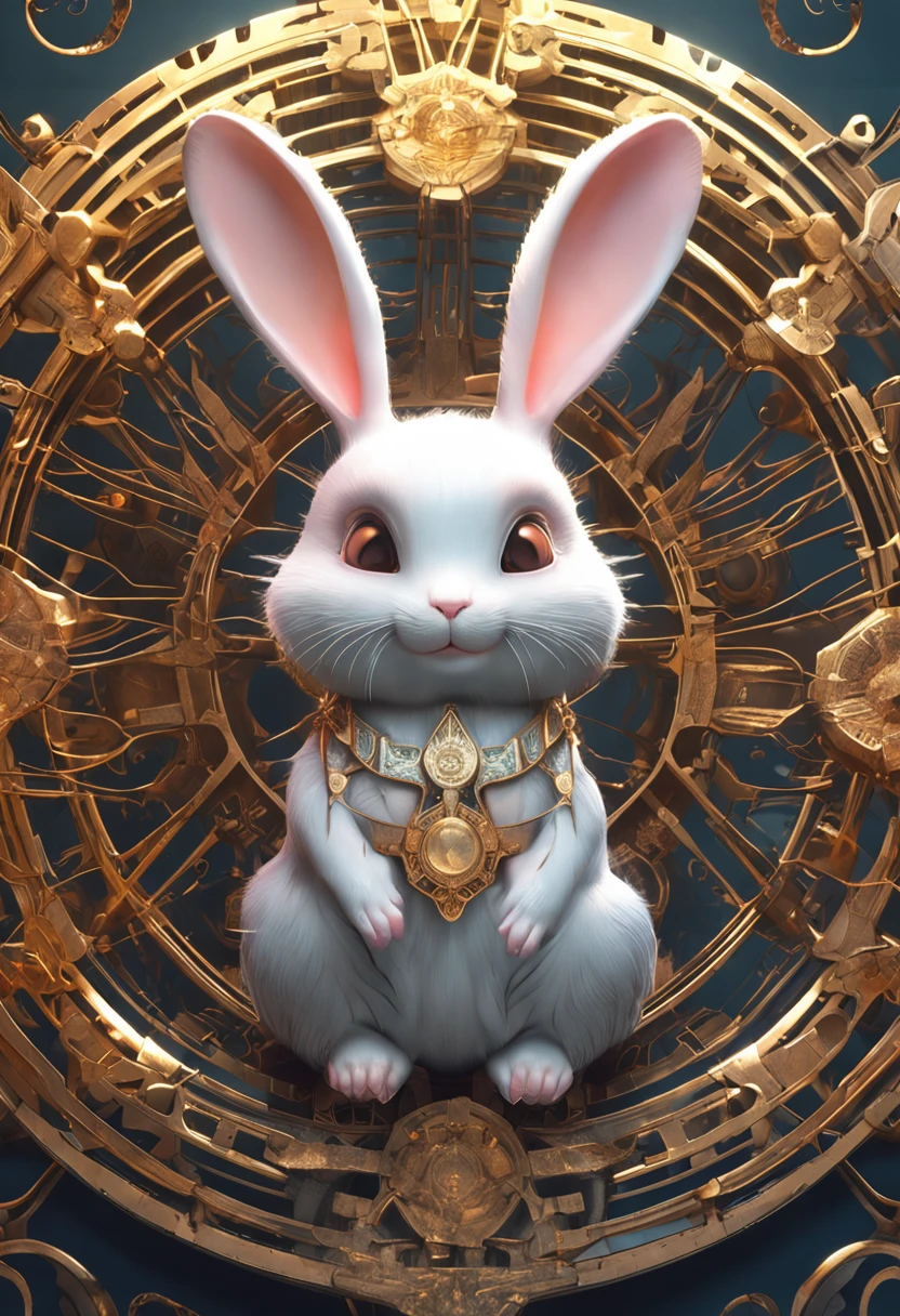 Cute cute rabbit, steampunc, Futuristic, Neon lighting, Sunlight, rays of sunshine, intricately details. 8K, Dreamlike, Super cute, Symmetrical, Soft lighting, trending on artstationh, Intricate details, Highly detailed, illusory engine, author:ross tran, Phlegm sputum, phlegm, Artgerm and James Jean, Brian Froud, art illustration by Miho Hirano, Neimy Kanani, oil on the canvas:Aykut Aydogdu, cute big circular reflective eyes, Pixar render, unreal engine cinematic smooth, intricately details
