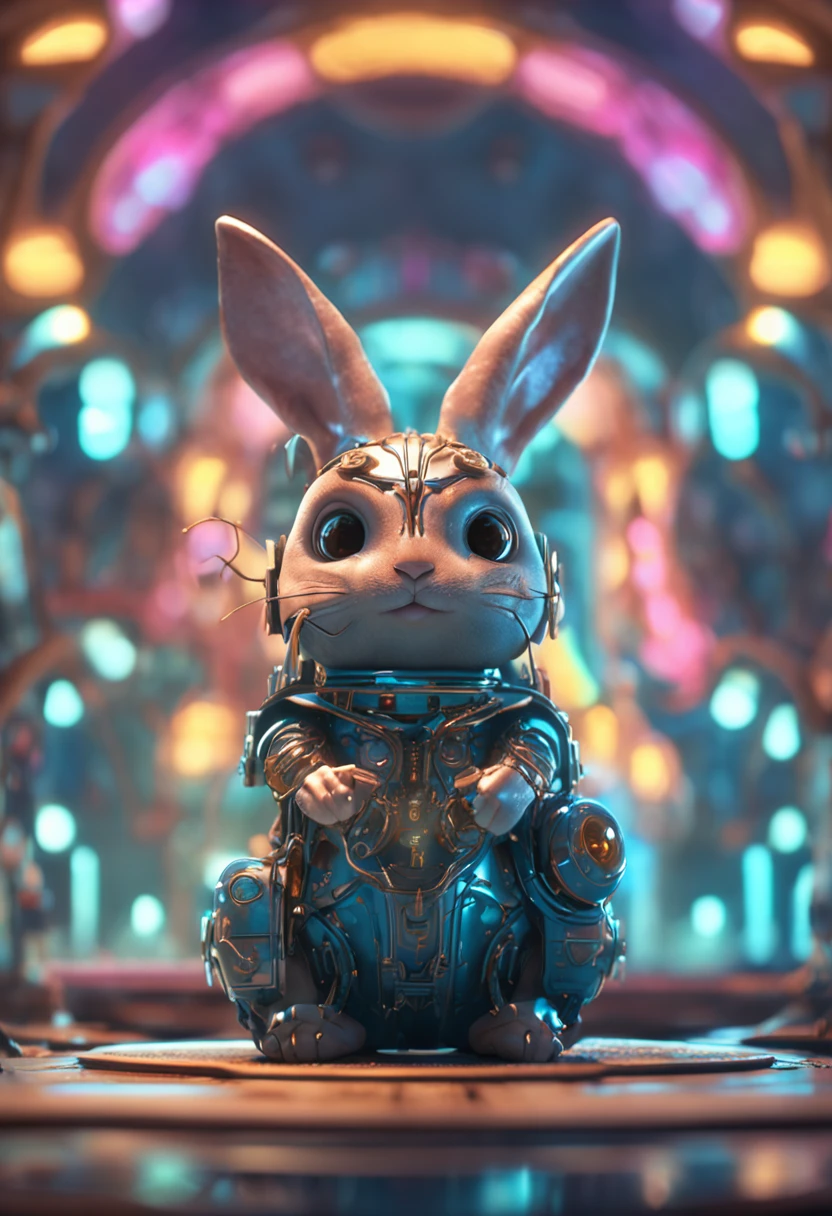 Cute cute rabbit, steampunc, Futuristic, Neon lighting, Sunlight, rays of sunshine, intricately details. 8K, Dreamlike, Super cute, Symmetrical, Soft lighting, trending on artstationh, Intricate details, Highly detailed,  illusory engine, author：ross tran, Phlegm sputum, phlegm, Artgerm and James Jean, Brian Froud, art illustration by Miho Hirano, Neimy Kanani, oil on the canvas：Aykut Aydogdu, cute big circular reflective eyes, Pixar render, unreal engine cinematic smooth, intricately details