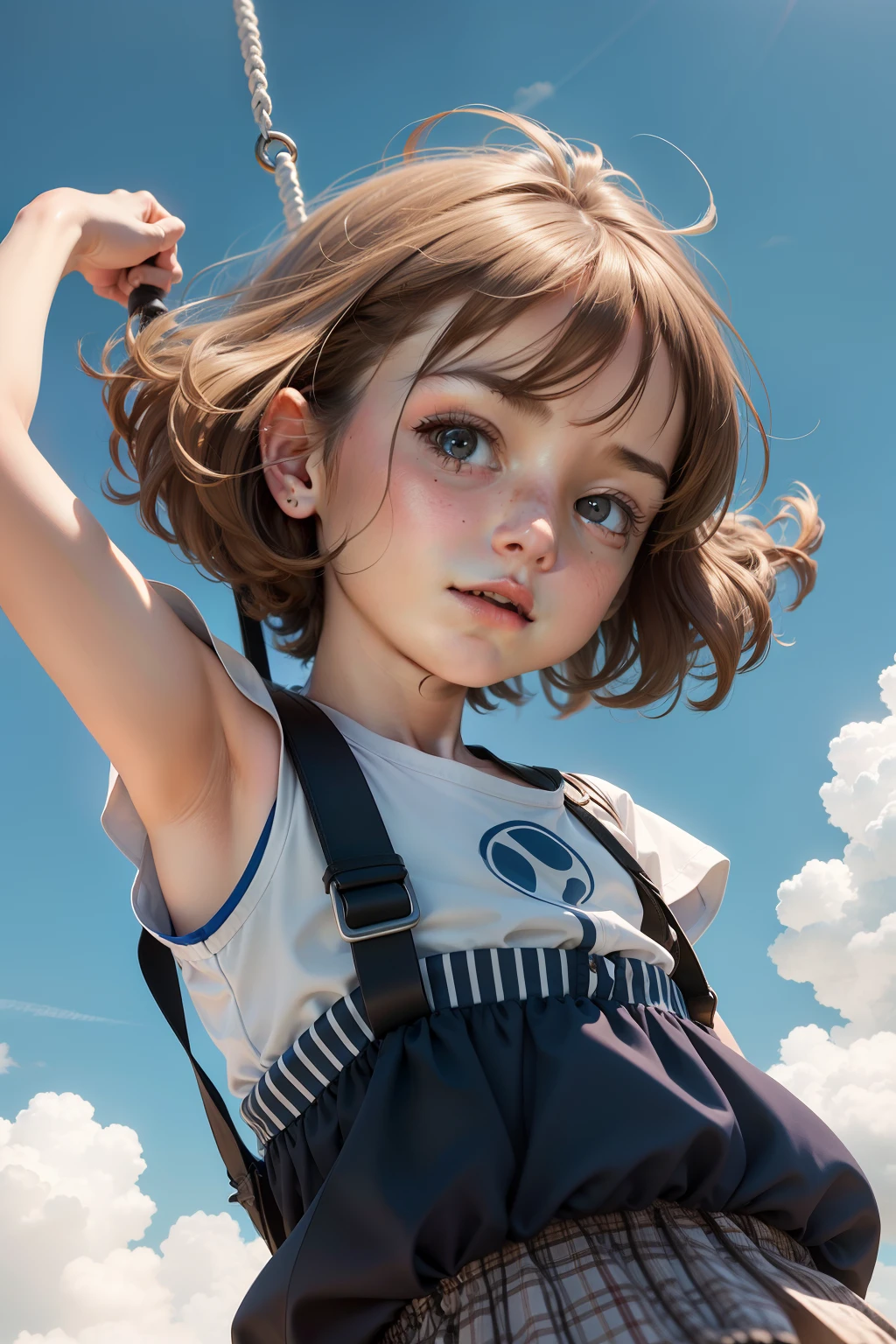 Eight-year-old girl swinging,Ball head,Air bangs,brown hair,with blue sky and white clouds