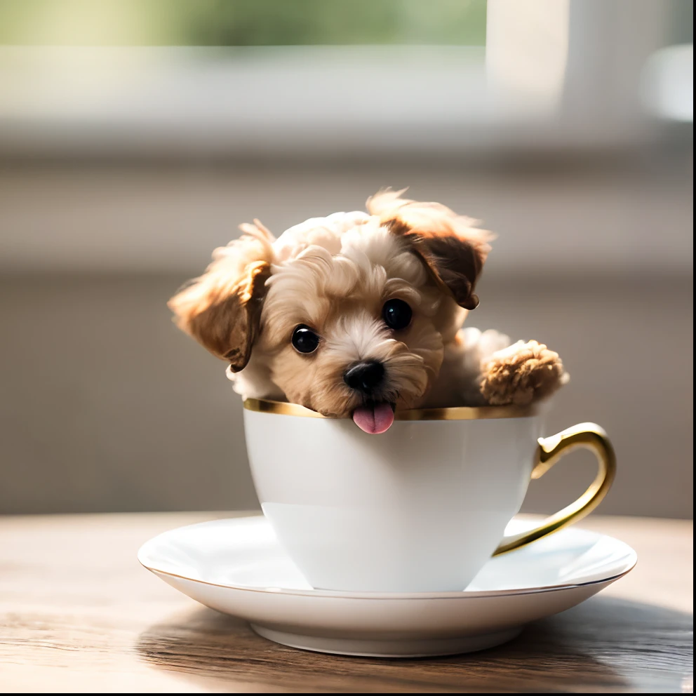 Toy poodle in white, (((((small)))), in a teacup, showing face, sticking out tongue, sticking out of the paw, 8k, professional photo, delicate, clear, on the table, in the house, sunshine, light leak, masterpiece, ((pretty)))), stylish teacup, (reality)))), mokomoko