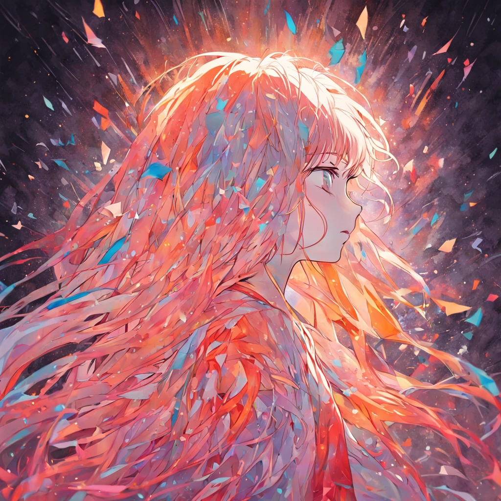 (White background:1.4),(Silhouette of a girl's head, Eyes closed, colorfull long hair, Riben element),(Riben illustration:1.3,paper art:1.3, Quilted paper art:1.2),( reasonable design, Clear lines, High sharpness,Best quality, Very detailed, Masterpiece, movie light effect, 4K )