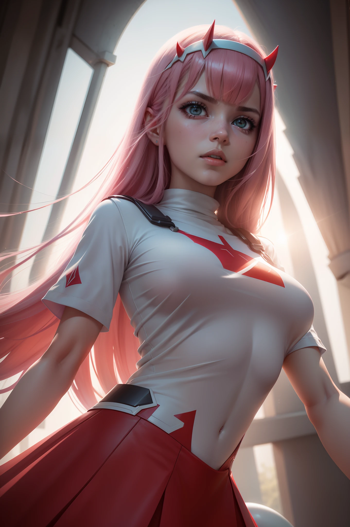 ((Zero Two Darling en el Franxx)),  8k, Obra maestra, La mejor calidad, fotorrealista, Ultra detallado, 1 girl,  textura realista de la piel, senos grandes, Mira hacia el espectador, , Camiseta suelta de medio corte,, Underboobs, debajo de los senos, Micro mini falda, , movie lighting, Enfoque facial, Ojos finos, Cara detallada, Cara bien iluminada, Rayos de sol, Bailar en un ambiente ciberpunk, Low-angle shot, Vista desde abajo