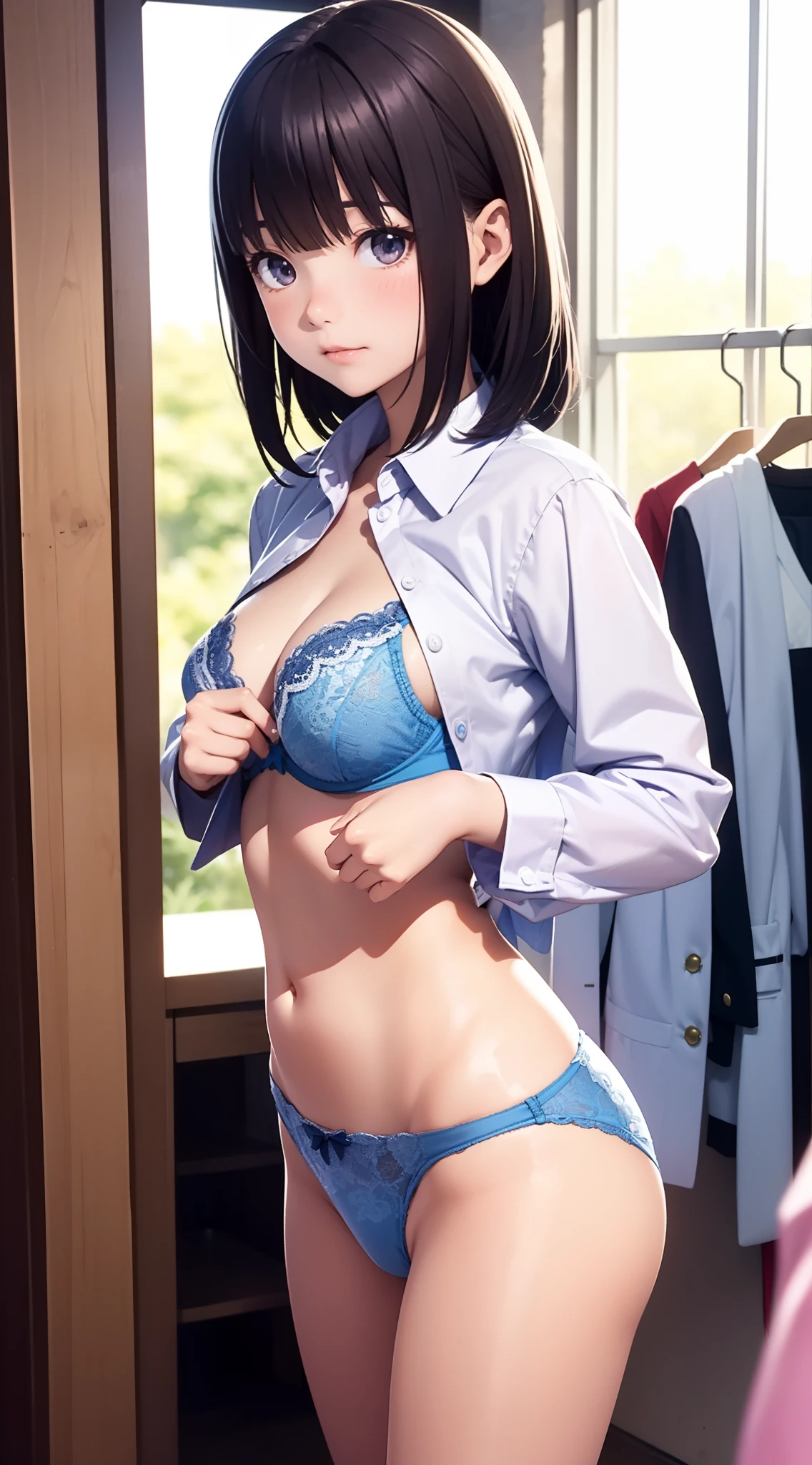 1人の女性、3d anime、kawaii、18year old、Bob Hair、Country life、Summer sky、Rural atmosphere、Random Poses、Random attire、Being in the changing room、Wearing a Japan uniform、Shy、Naughty feeling、On the way to taking off your uniform、Shyness、Taking off your uniform、Wearing underwear、Let's take a peek inside、Gesture to take off uniform shirt、undergarment、bra very、panties on