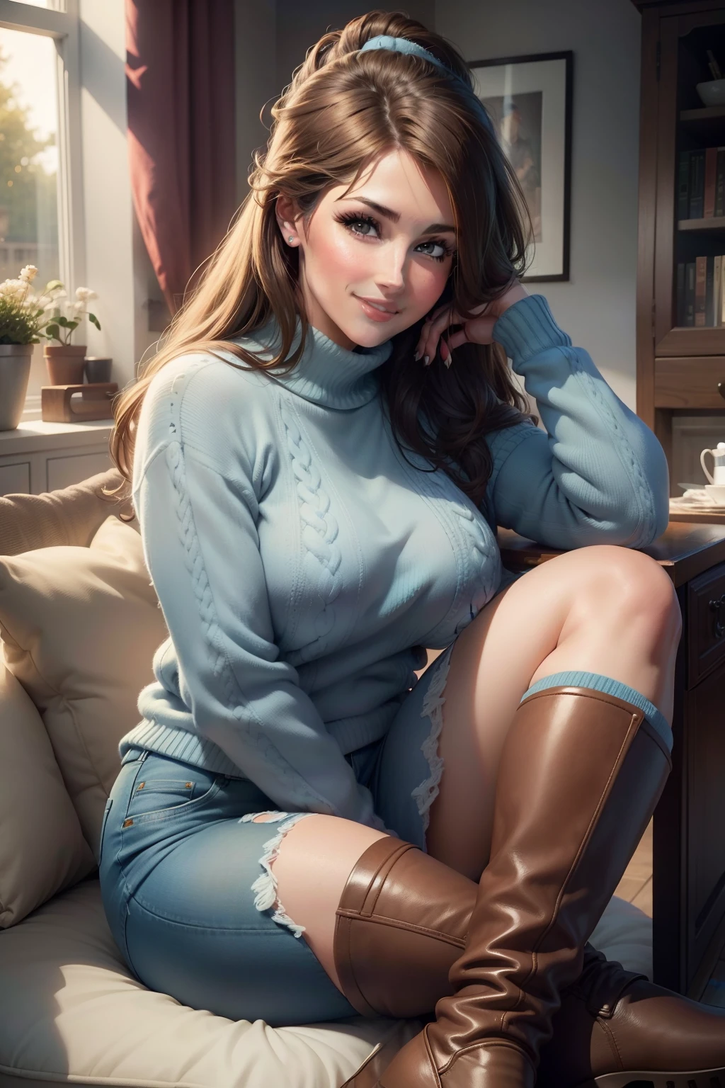Lucy pinder, brown hair, eyelids made up, light blue sweater, blue jeans, brown boots, portrait, smiling.
