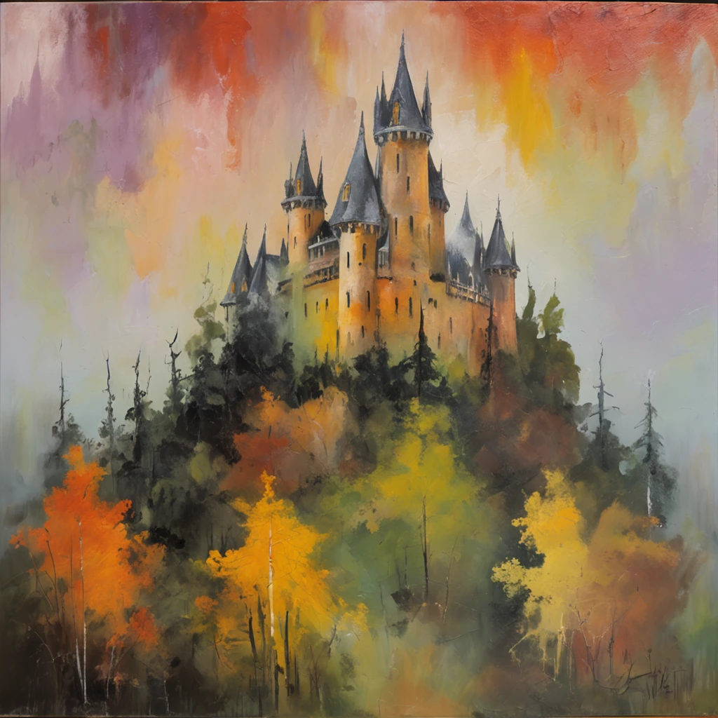 A huge Gothic castle on a hill in a spruce forest, Large cloudiness, mist, jour.
