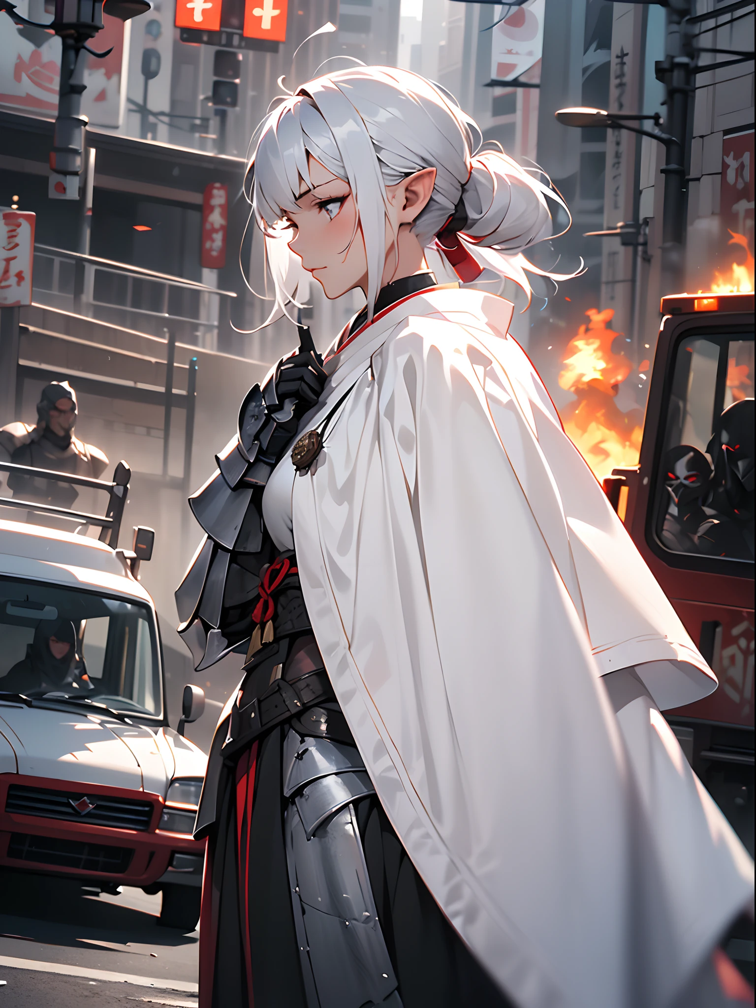 ((jpn)),((Best Quality)),((Beautifully painted)),((hight resolution)),1girl in,Beautiful Elven Daughter,((onmyouji)),((suikan)),((White cloak with red decoration)),(Bushy silver-haired ponytail),Shining eyes,(((black gauntlet and glove))),nice hand, Perfect hands,((((Stand beside an armored car)))),((Streets of a burning metropolis)),armor,(face forcus),(((motion blur))),(((dynamic angle))),((cinematic lighting))