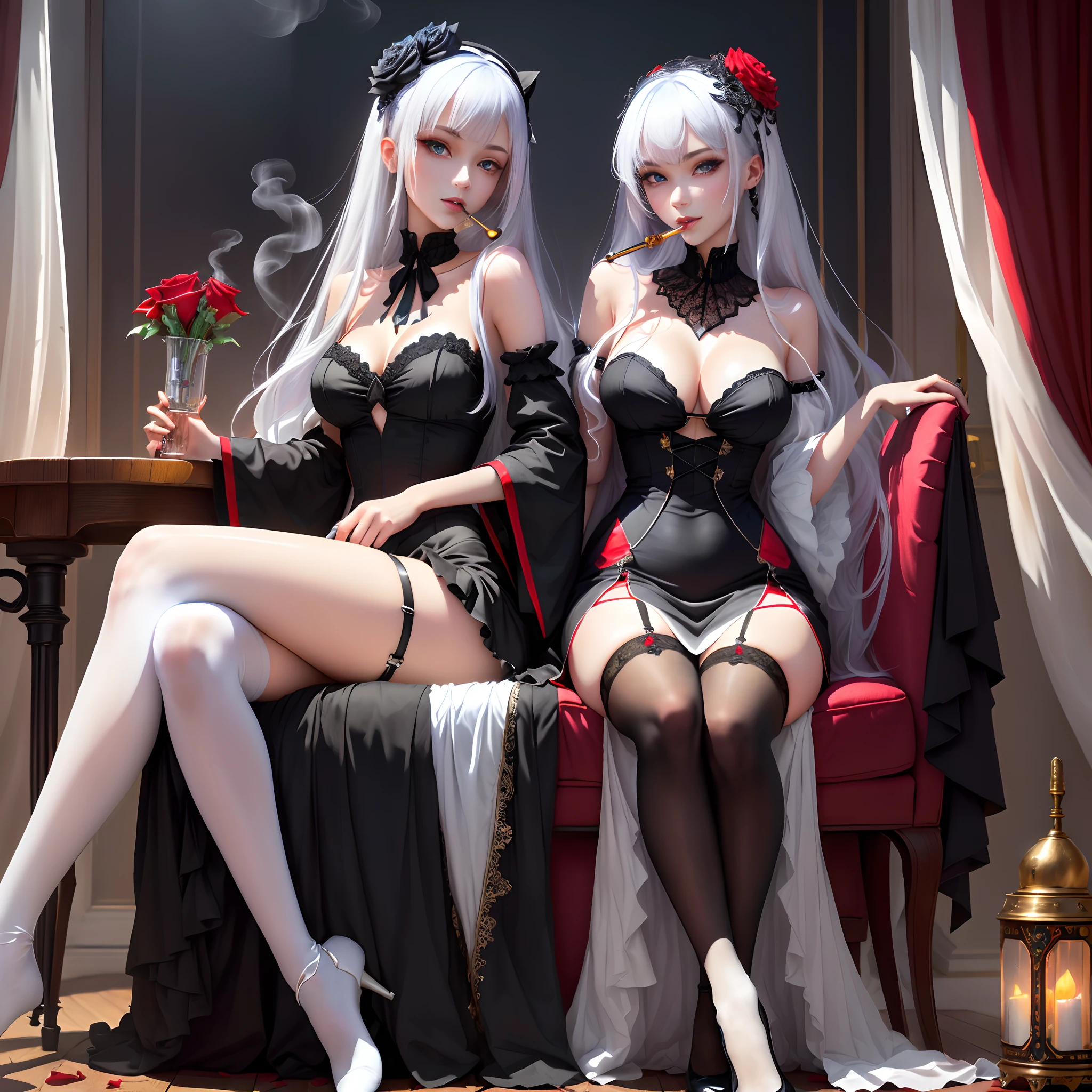 (hookah:1.2),With a pipe in his mouth, Smoke,flask,Girl,Smoked hookah,hookah,Shy eyes,Stained glass,zettai ryouiki, Night,Look from the front，sit on chair，Holding Erlang's legs，White stockings to flesh-colored thighs and knees，8K，Bigchest，White color hair，The color of the eyes is different，Black gown，There is a red rose on the head，Holding a folded blue fan in his hand，s girl