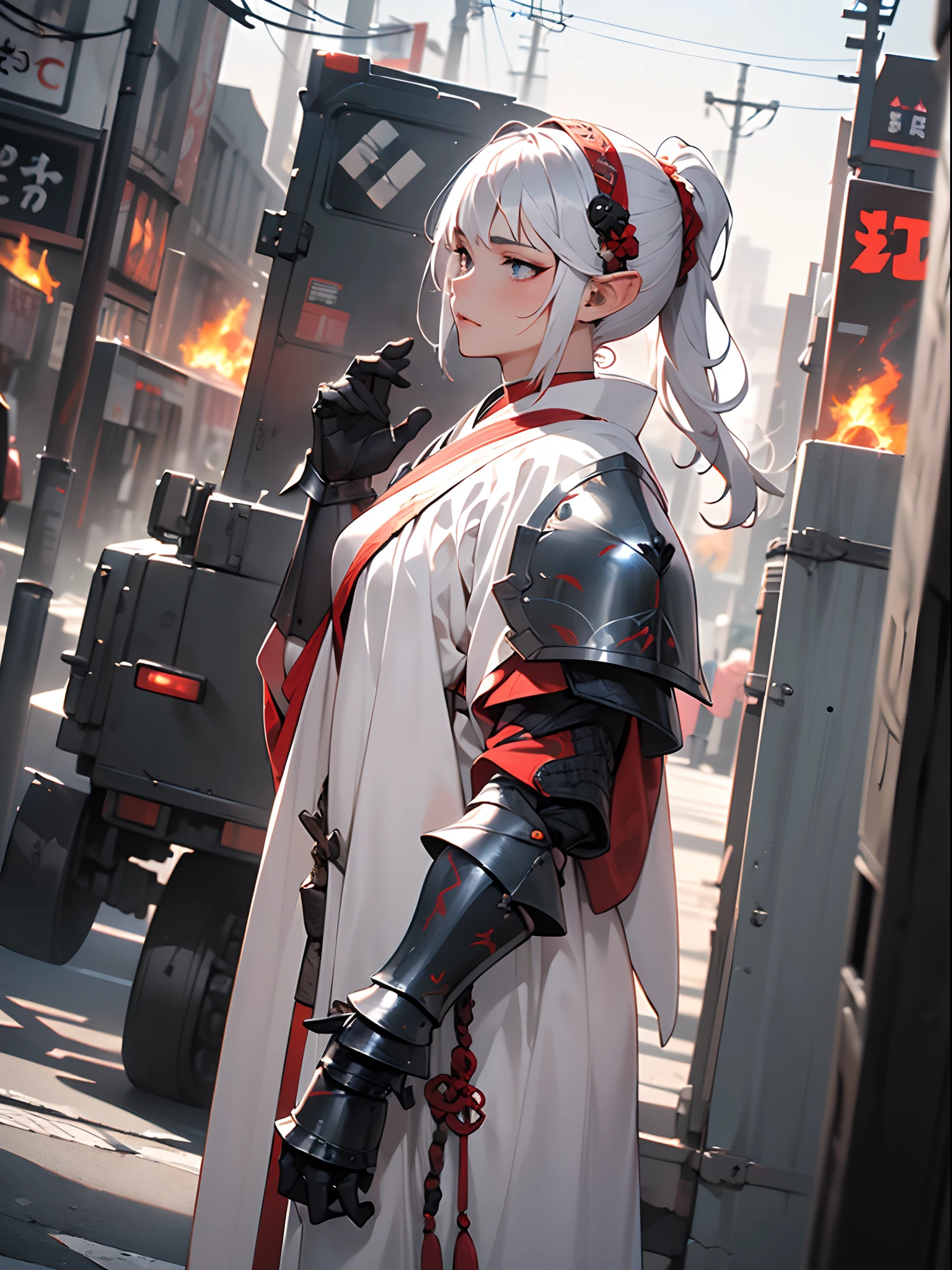 ((jpn)),((Best Quality)),((Beautifully painted)),((hight resolution)),1girl in,Beautiful Elven Daughter,((onmyouji)),((suikan)),((White cloak with red decoration)),(Bushy silver-haired ponytail),Shining eyes,(((black gauntlet and glove))),nice hand, Perfect hands,((((Stand beside an armored car)))),((Streets of a burning metropolis)),armor,(face forcus),(((motion blur))),(((dynamic angle))),((cinematic lighting))