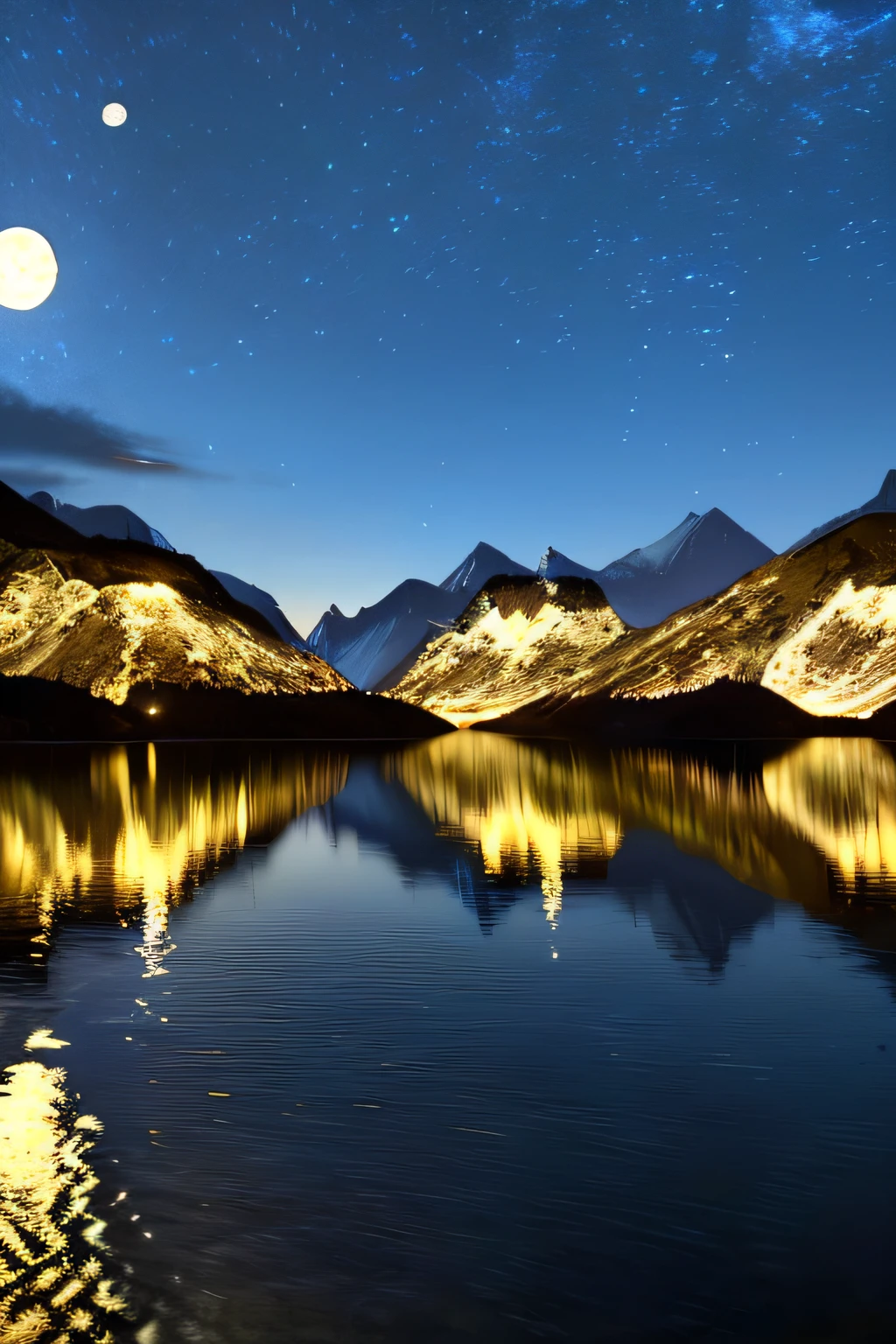 Very starry night. A giant moon behind the mountains. A tranquil lake reflecting the night. Realistic scene, detailed, photorealism, 8k