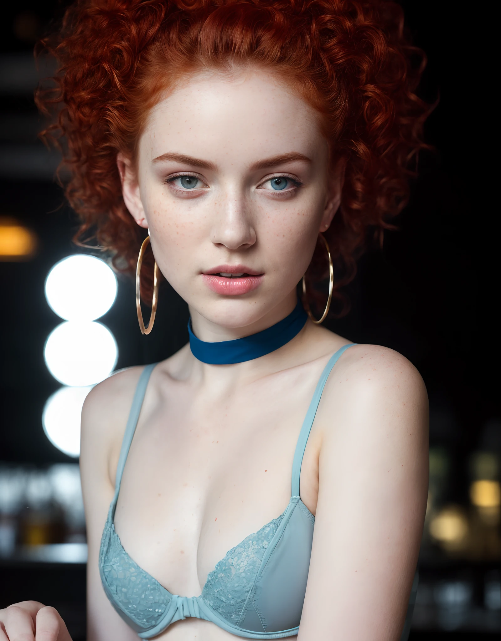 pale 21-year-old Irishwoman, looking up at the viewer, cute, (full body) full-length shot, beautiful woman sitting in bar, hair up sweep, in a nightclub (full body: 1.3), (undressed, disheveled, with bright red matted hair), (standing), full-length portrait, perfect face, captivating eyes, bright details, wearing pearl choker, wearing hoop earrings, ultra sharp focus, wearing half cup pushup bra, full body, (high skin detail), freckles, (hard (blue tint: 0.6), (dirty: 0.8), Key lighting, (backlight: 0.5), medium depth of field, Canon 5D, 50mm lens, f/4 aperture, (ultra-detailed, complex detail), sharp focus, soft colors, 8k, absurd, 8mm film grain, war photography, flirting with camera, max detail, roughness, real life, ultra realistic, photorealism, photography, photography, high detailed skin, detailed skin, best ratio four finger and one thumb (realistic, photo-realistic:1.37)