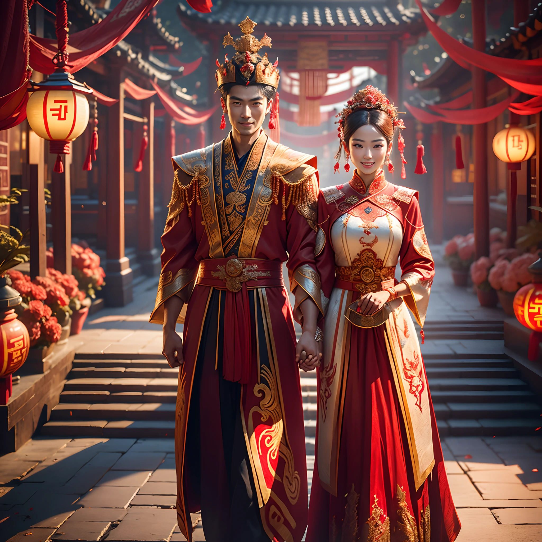 （Best quality: 1.1), (Realistic: 1.1), (Wedding: 1.1), (highly details: 1.1), 1 man and 1 woman are married，Stand in front of a Chinese-style building, closeup of face，Clear facial features，Happy smile, Look at each other affectionately，Hold hands with each other，A man dresses in ancient costumes in red and gold，A woman wears a red-gold ancient long dress，with a crown on her head, cowboy lens，Chinese courtyard in the background，Red lanterns，Rockery，depth of fields，Super clear，8K