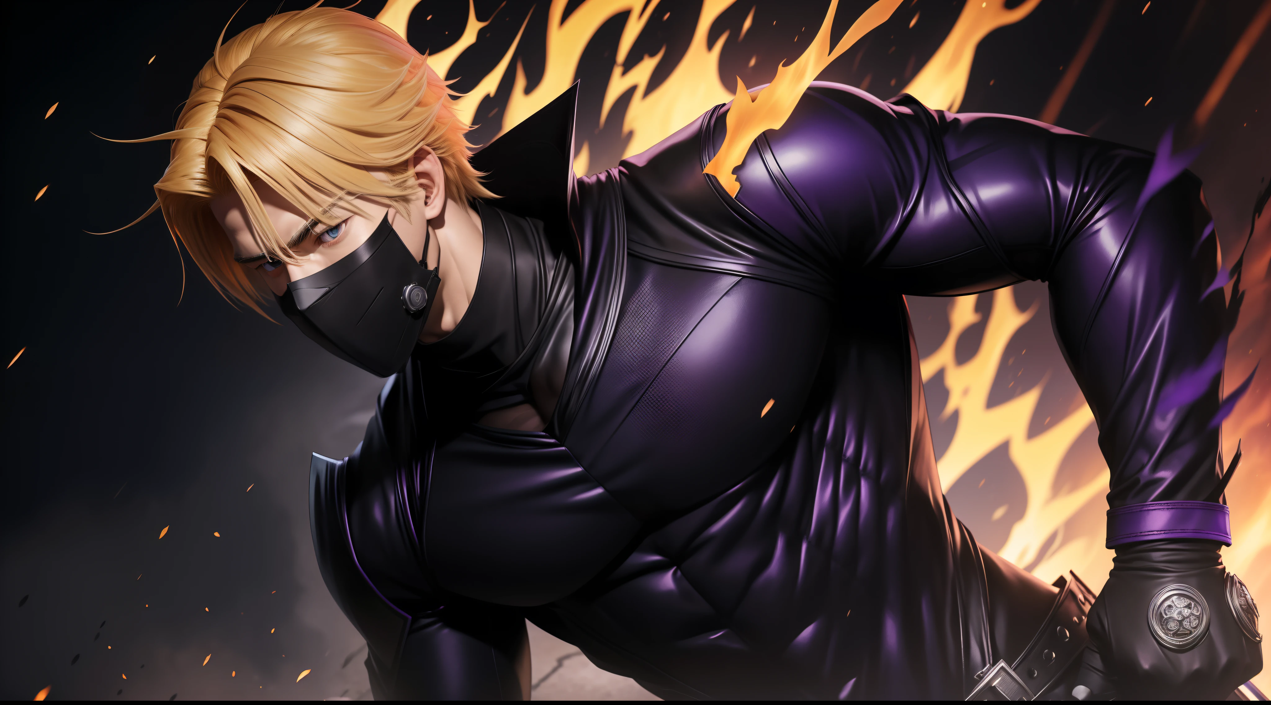 The most perfect work of art, the most detailed, the highest resolution, everything clear :Blonde hair Kurosaki Ichigo upper body, perfect body 20 years old handsome face, one side of the face wearing a mask, cold, fiery eyes, central, shadow overseer, full-body black outfit reflecting hellfire and purple-black lightning.
