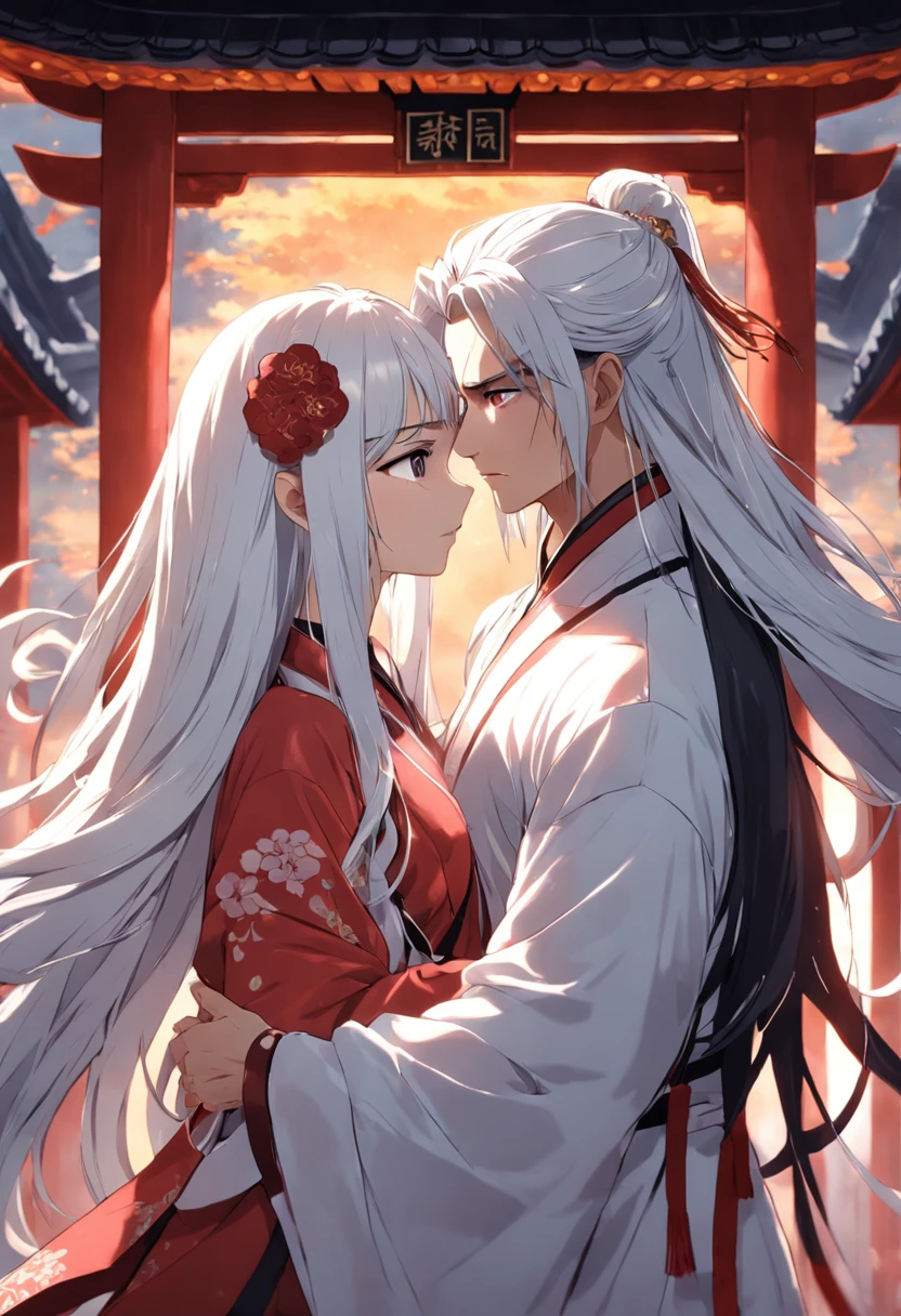 couple, long hair, wearing ancient chinese cinema wedding clothes, men with long white hair, women with black hair.