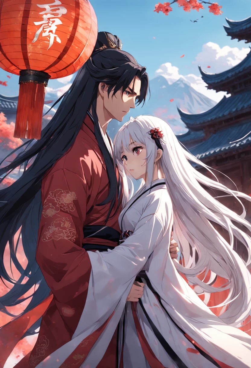 couple, long hair, wearing ancient chinese cinema wedding clothes, men with long white hair, women with black hair.