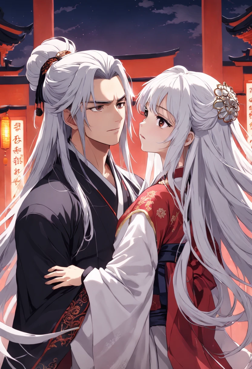 couple, long hair, wearing ancient chinese cinema wedding clothes, men with long white hair, women with black hair.