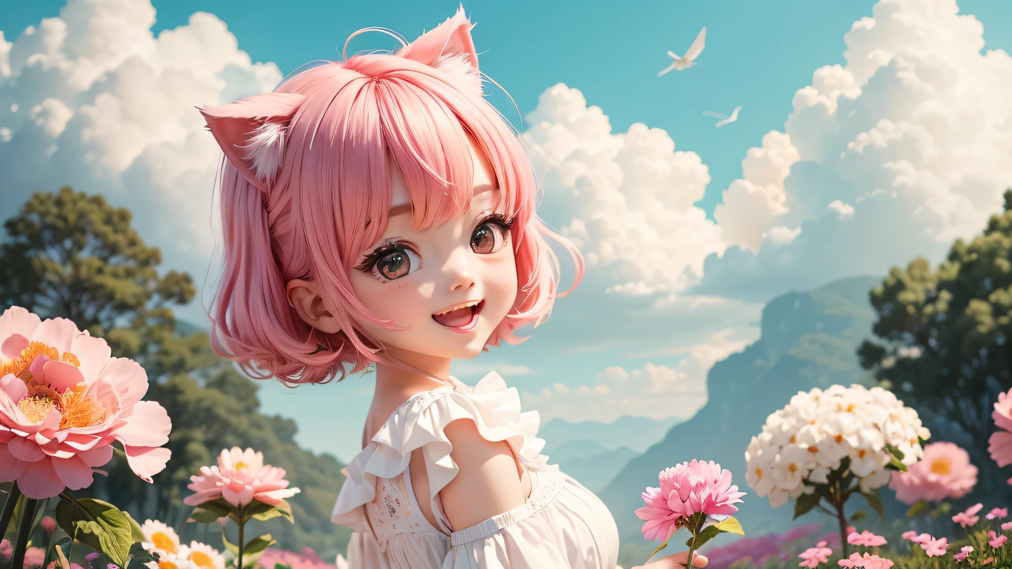 （（（Super masterpiece、top-quality、ultra - detailed、1 cat girl、tchibi：1.4）））、There are big clouds、white dresses、A smile、Pink open sky、Fantastic pink garden background、（tchibi：1.4）、Panorama composition、Long shot、From the side Side、Dye your cheeks、open open mouth