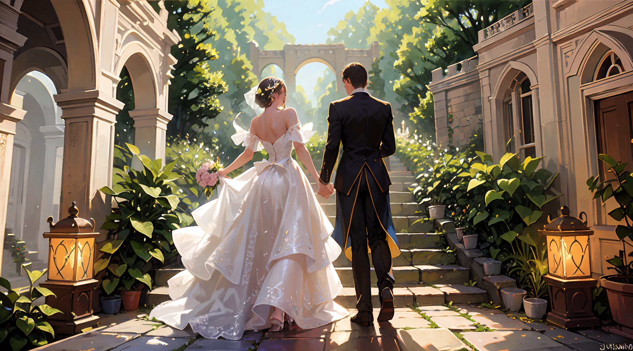 wedding princess dress, back view, garden, staircase, A joyous and exuberant wedding ceremony, adorned with vibrant rainbows. romantic couple