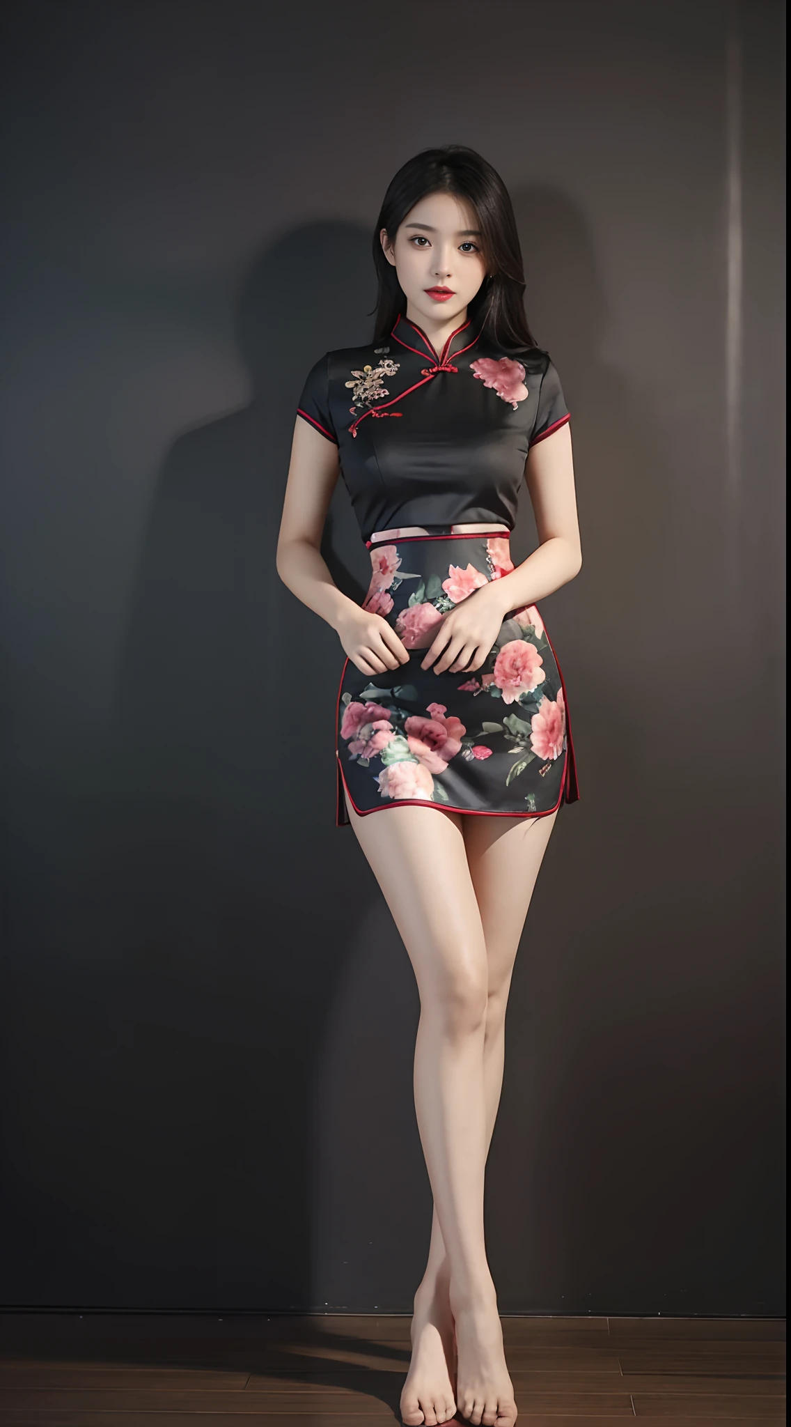 best qualtiy, tmasterpiece, A high resolution,8K,(realisticlying:1.4),超A high resolution,((Black interior wall background)),1girll, ultra - detailed, hyper realisitc, highly detailed CGillustration, offcial art, cinematric light, Realistis, Young and beautiful girl, perfect body figure,, Hosiery,self-assured, Beautiful Sexy,Design sense niche modified cheongsam Chinese floral skirt summer temperament waist tightened waist new Chinese gentle dress,Floral,Pleated skirt,Solid color ruffles,Skirt with hip wrap at the waist ,short- sleeved,Kurfo, standing on your feet,Different Perspectives,Close-up shot