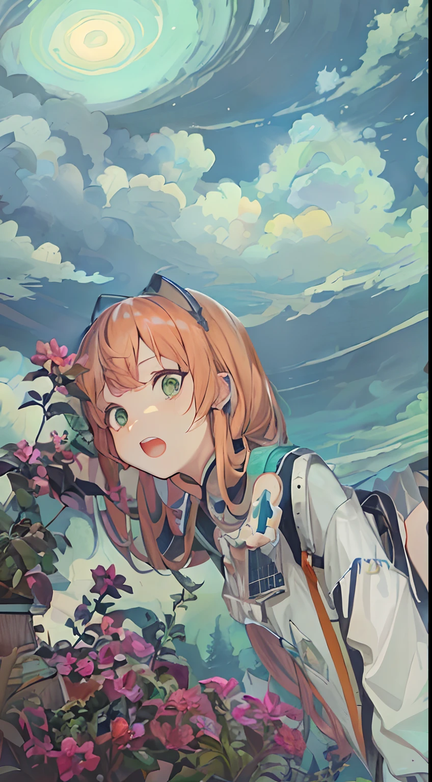(illustration: 1.0), masterpiece, best quality, 1 girl, solo, camping, happy, smile, nature, trees, tent, camping_chair, camping, fire, roasting_marshmallows, hot coffee, book, map, backpack, picnic_blanket, flower, butterfly, sunny_day, , hiking_boots, denim_shorts, jacket, (perspective: 1.3), From below, (looking away: 1.2), (from the side: 1.0), long_hair, breasts, smile, bangs, (orange hair: 1.1), hair_ornament, side_ponytail, swept_bangs, thick_eyebrows, hair_bobbles, skin_fang, shut up, green eyes, (light rain hazy feeling: 1.3), (light rain: 1.2), gray sky, extreme detail, ultra-high resolution, (gray color cast: 1.5), intricate, (artistic bacteria: 1.2), (high contrast: 1.2), (colorful), (very detailed and beautiful: 1.3), (cute: 1.3), large round eyes, (detailed ultra-oily shiny skin: 1.2), (detailed hands and fingers: 0.9), (rain on the body light effect: 1.5)