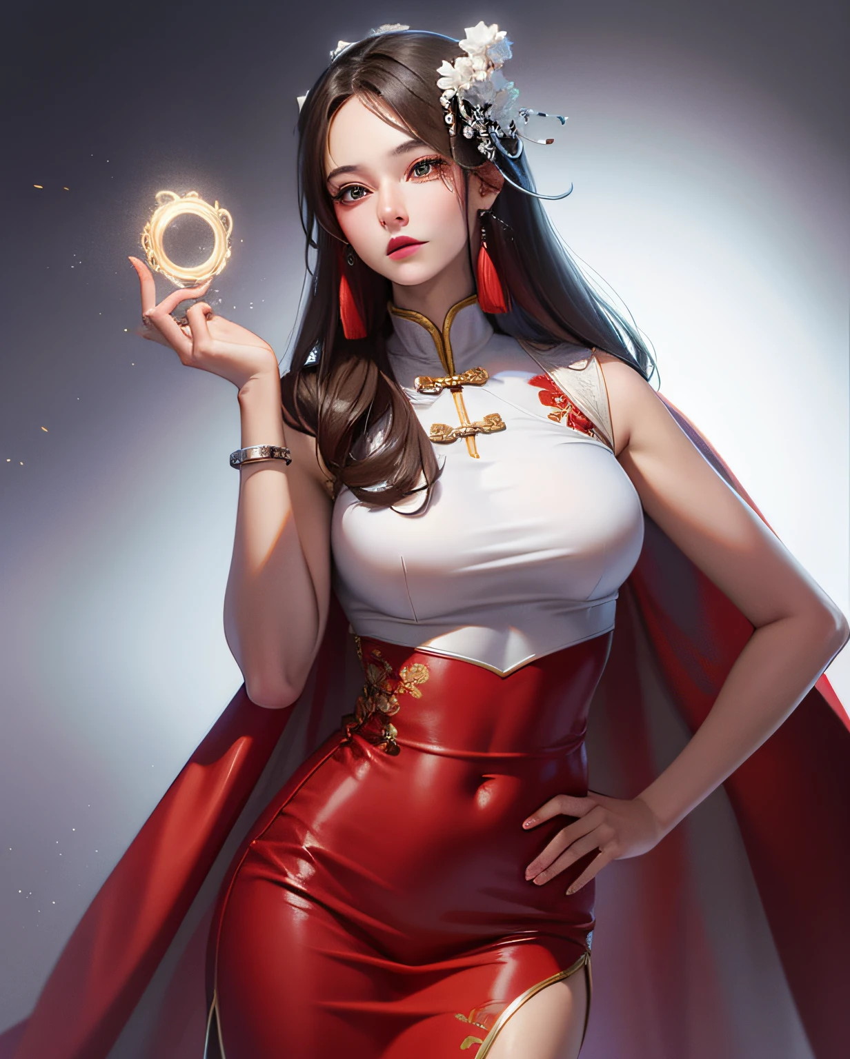 （Best quality，tmasterpiece，A high resolution，CG）），tmasterpiece，Need，（Chess elements）（Light Chinese style：1.3），Straight brown hair，The top is white，The skirt is red，Sculpt the sleeveless cheongsam（Bare shoulders without chest），Chess and card element hair accessories，Chess and card element pattern，goddes，Ultra-realistic realistic 3D，No streamers，（Fine hands），（Playing cards in hand）