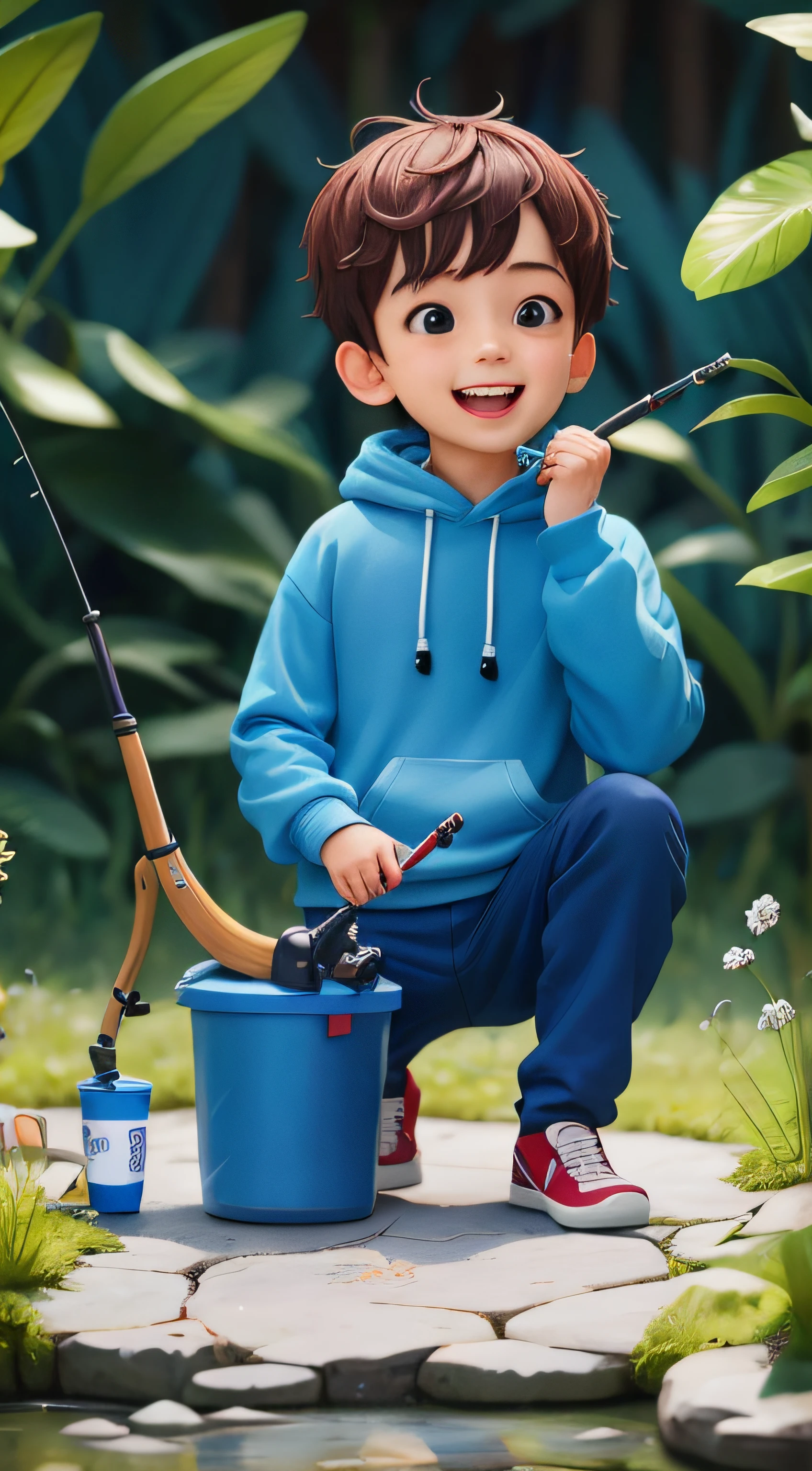 Whole body out of the country,A boy,Wearing a blue sweatshirt,Black pantsuit,White scorpion,Fishing,Fishing rod in hand,cheerfulness,Rejoice,Perfect quality,Clear focus(Clutter - home:0.8), (tmasterpiece:1.2) (realisticlying:1.2) (Bokeh) (best qualtiy) (detailedskin:1.3) (complexdetails) (8K) (detailedeyes) (Sharp focus),(having fun)