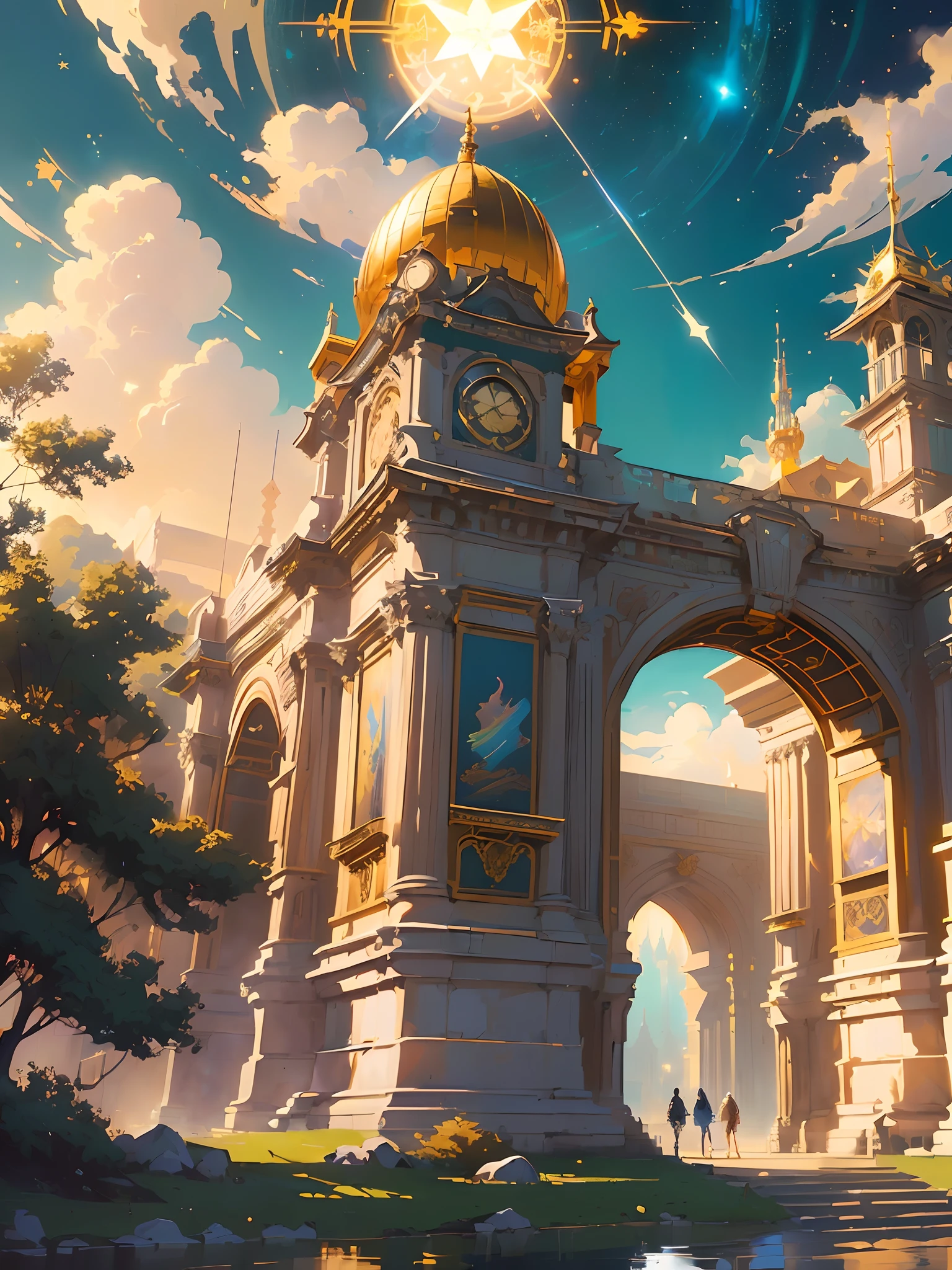 anime - style painting of a building with a clock and a star, wlop and rhads, ornate borders + concept art, palace background, concept art | rhads, ross tran. scenic background, by Alexander Kucharsky, wlop and andrei riabovitchev, beeple and alphonse mucha, artgem and beeple masterpiece