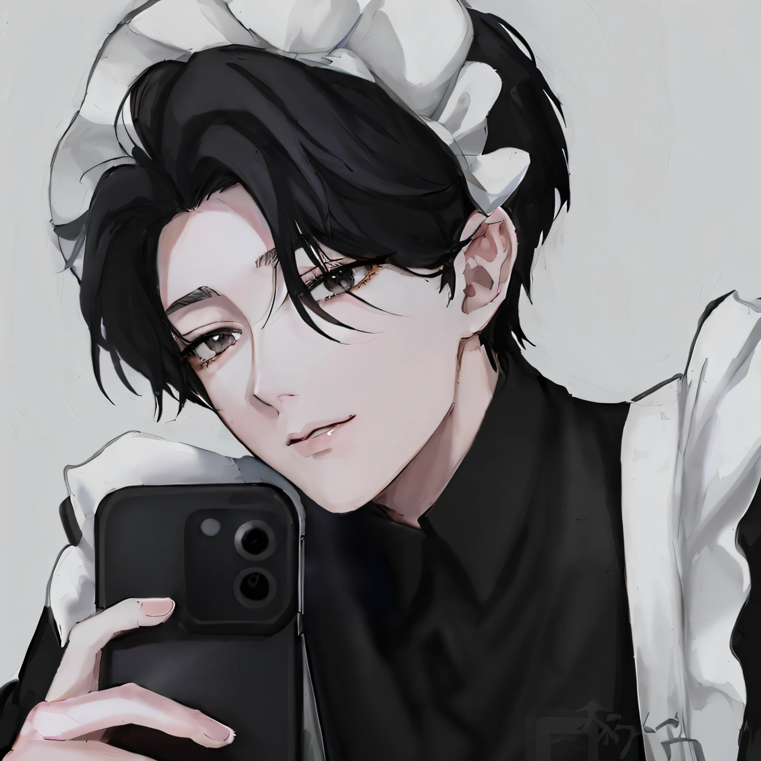 Anime girl with black hair and white dress holding mobile phone, in an anime style, Cai Xukun, Guviz-style artwork, High-quality fanart, Inspired by Bian Shoumin, Levi Ackerman, In anime style, anime realism style, Delicate androgynous prince, nft portrait, Inspired by Xiao Yuncong, Beautiful androgynous prince