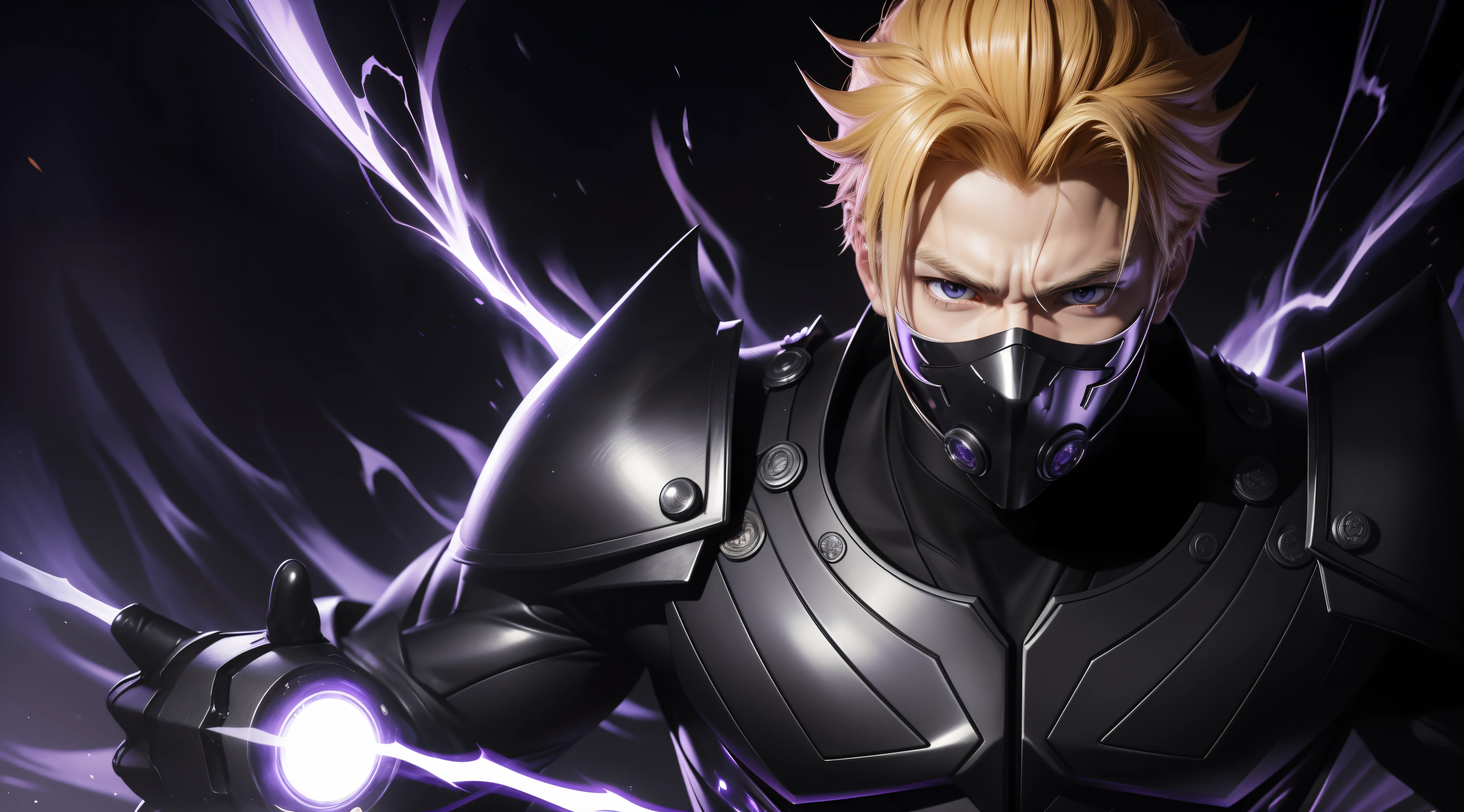 The most perfect work of art, the most detailed, the highest resolution, everything clear :Blonde hair Kurosaki Ichigo upper body, perfect body 20 years old handsome face, one side of the face wearing a mask, cold, fiery eyes, central, shadow overseer, full-body black outfit reflecting hellfire and purple-black lightning.