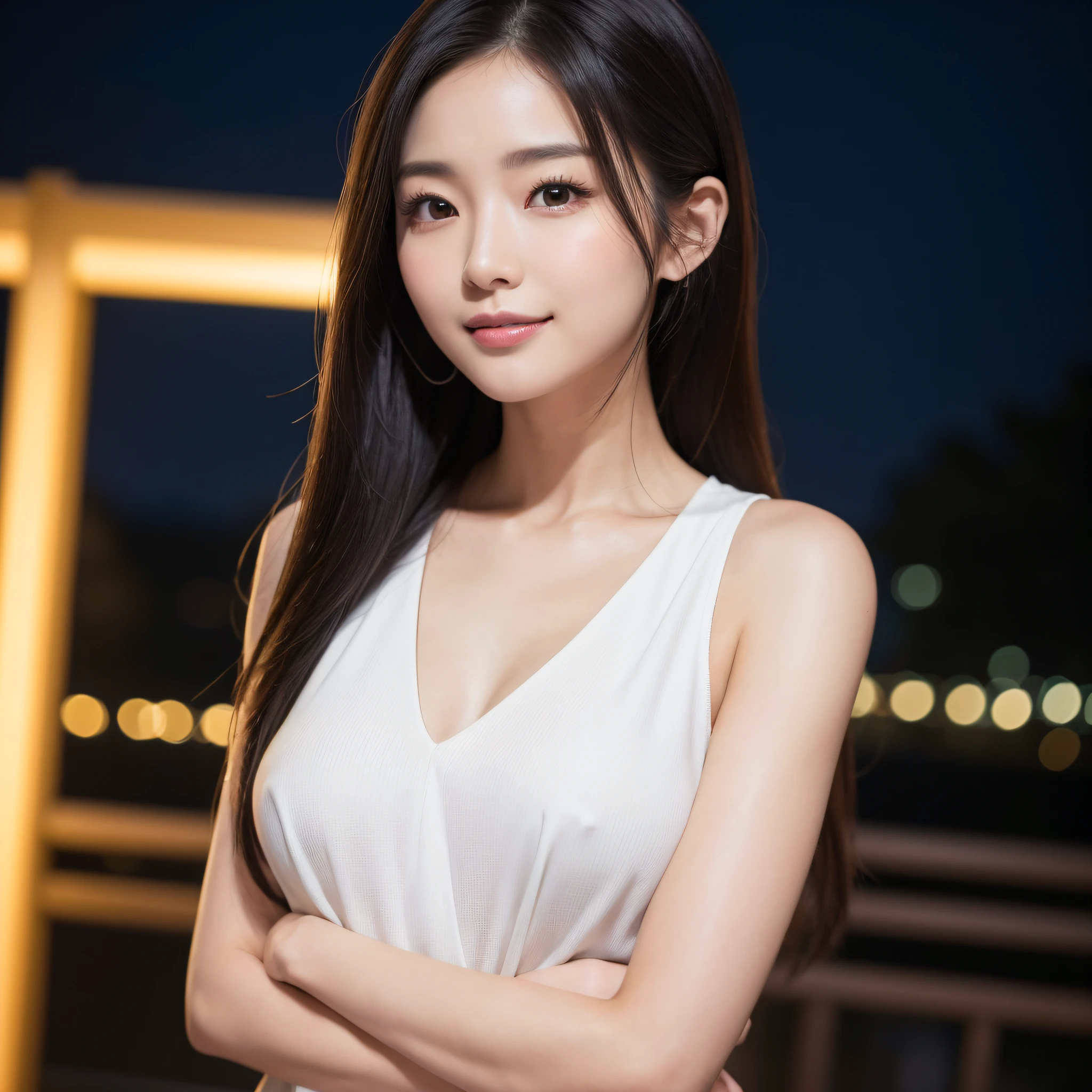 One lady、((best qualtiy、8k masterpieces:1.3))、foco nítido:1.2、(ultra beautiful faces:1.0)、(shinny skin:1.0)、photos realistic、A dark-haired、Video Lighting、High-definition eyes and face、Video Lighting、(Korean Cute Actress)、from the front side、medium breasts、(ssmile:1.2)、Sleeveless、Slender Abs Beauty、Whole body、Wearing a white blouse、in tokyo at night