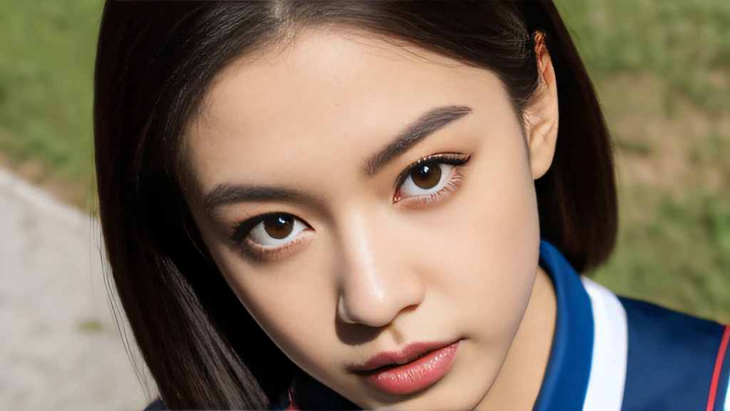 Black ball hair、White Skin Skin、chineseidol、年轻、Thick eyebrows、Black eyes、biting lip、Full of arrogance、Cheer Uniforms、Custom JF clothing、（1 female student）、By the school pond、Sit on a book、Slim eyebrows、Brown hairpins、hentail realism、8K、tmasterpiece、A high resolution、、anatomically correcte、、from above view、32K quality