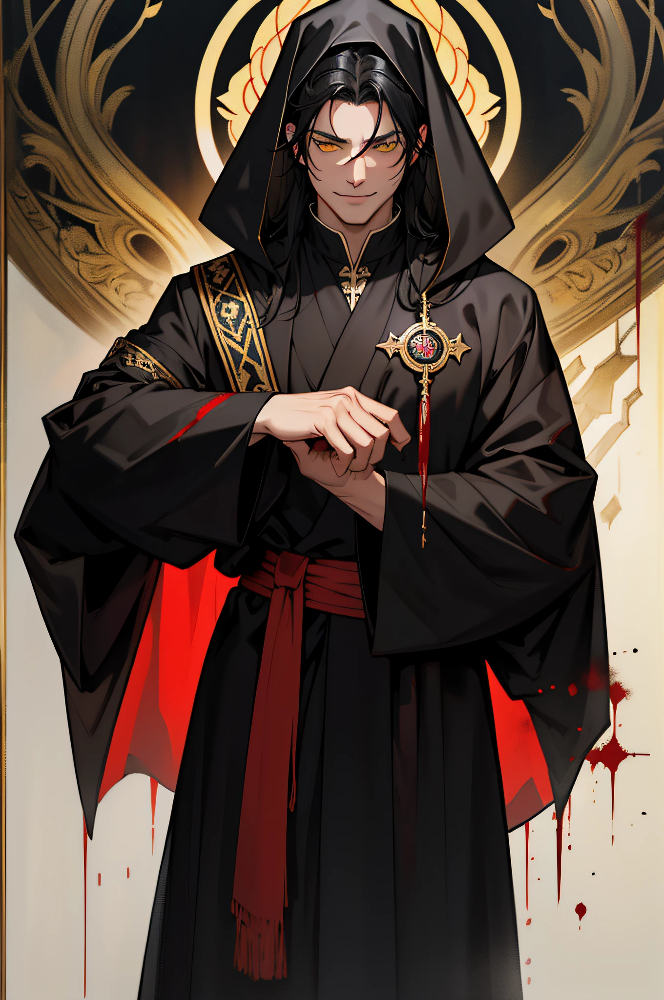 "An elegant, middle-aged man, unkept black hair, yellow eyes, black priest robes, masterpiece, portrait, blood stains on robe , tired smile"
