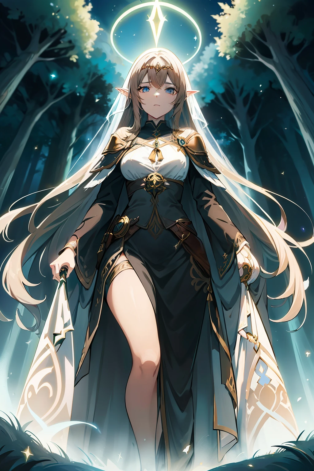 "Generates an anime-style image, inspired by genshin impact, 1 woman, full body, representing Seraphina Aelindë, a noble knight hospitaler of the Order of Saint John of Jerusalem and an elf of profound beauty. In the image, Seraphina is standing standing in an ancient Forest, surrounded by tall and mysterious trees. Her long, luminous brown hair falls in intricate braids over her shoulders, with golden sparkles that magically capture the light. Her eyes of an intense and heavenly blue look with compassion and determination towards the horizon. He wears a black robe with a white pate cross on the left chest, and a black hooded cloak billowing slightly in the forest breeze. His hands gracefully hold the hilt of a sword, symbolizing his bravery and commitment with protection. The image captures Seraphina's serene and noble presence, as she radiates a deep connection to nature and the magic that surrounds her."
