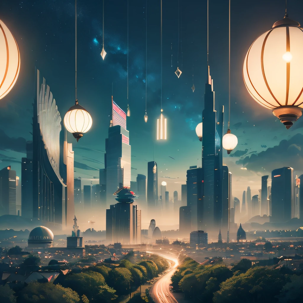 Create a captivating and relaxing futuristic scene in a 1,152 x 2,048 pixel image. are in the center, A vibrant cityscape flourishes,Sleek skyscrapers reach into the sky. Neon signs illuminate the streets, casting a mesmerizing glow across the scene. Futuristic vehicles glide effortlessly through the air, adding a sense of energy and movement. around the city, a serene natural landscape unfolds. Lush green fields stretch into the distance, Decorated with towering trees,Gives off a soft bioluminescent glow. The trees possess an otherworldly beauty, their luminescent leaves and branches pulsating with an ethereal energy. The combination of the cityscape and the tranquil natural surroundings creates a harmonious balance. Humans and machines coexist in this futuristic world, seamlessly integrating technology into their daily lives. People can be seen engaging in leisurely activities, For example, a leisurely stroll through the tranquil park,Or recline in a futuristic seat designed for comfort and relaxation. Their attire reflects a fusion of sleek fashion and cutting-edge technology, showcasing a harmonious blend of style and functionality. Throughout the scene, gentle orbs of light float gracefully in the air, que lembram vaga-lumes. These ethereal orbs emit soft, calming hues, creating a sense of tranquility and serenity. They move in a harmonious dance, further enhancing the overall atmosphere of relaxation and wonder. Ethereal music fills the air,As if from an invisible source. Melodic tones and soothing melodies weave through the scene, enveloping everything in a calming symphony. The music enhances the sense of tranquility, Invite the audience to immerse themselves in the moment,Find inner peace.