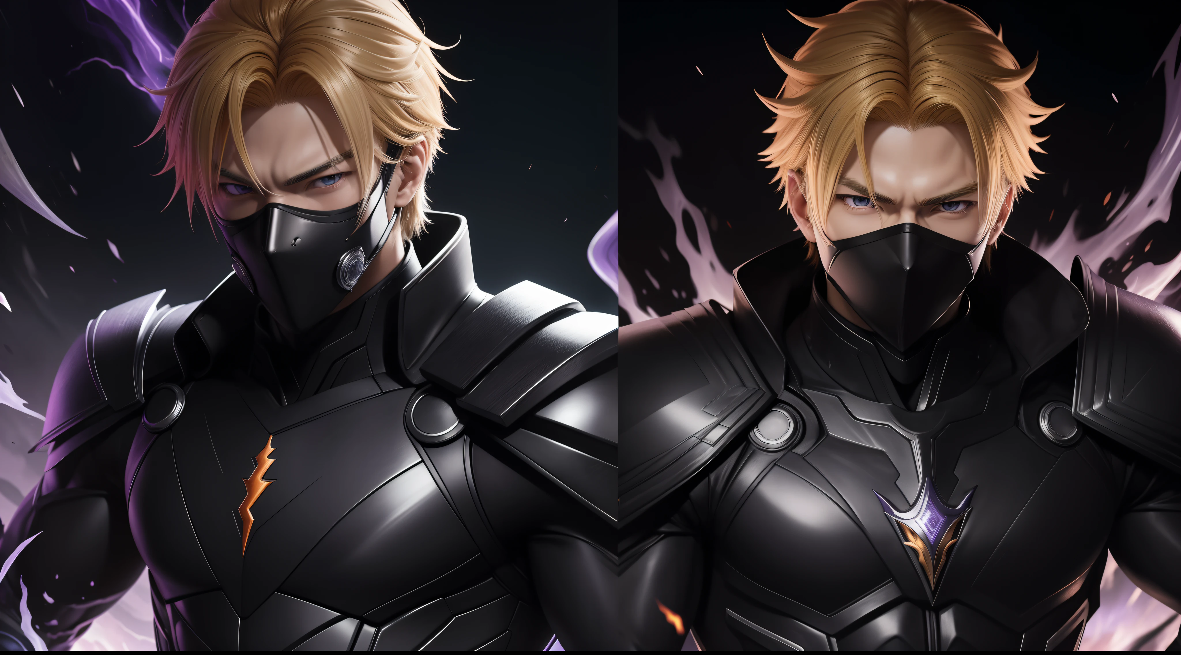 The most perfect work of art, the most detailed, the highest resolution, everything clear :Blonde hair Kurosaki Ichigo upper body, perfect body 20 years old handsome face, one side of the face wearing a mask, cold, fiery eyes, central, shadow overseer, full-body black outfit reflecting hellfire and purple-black lightning.