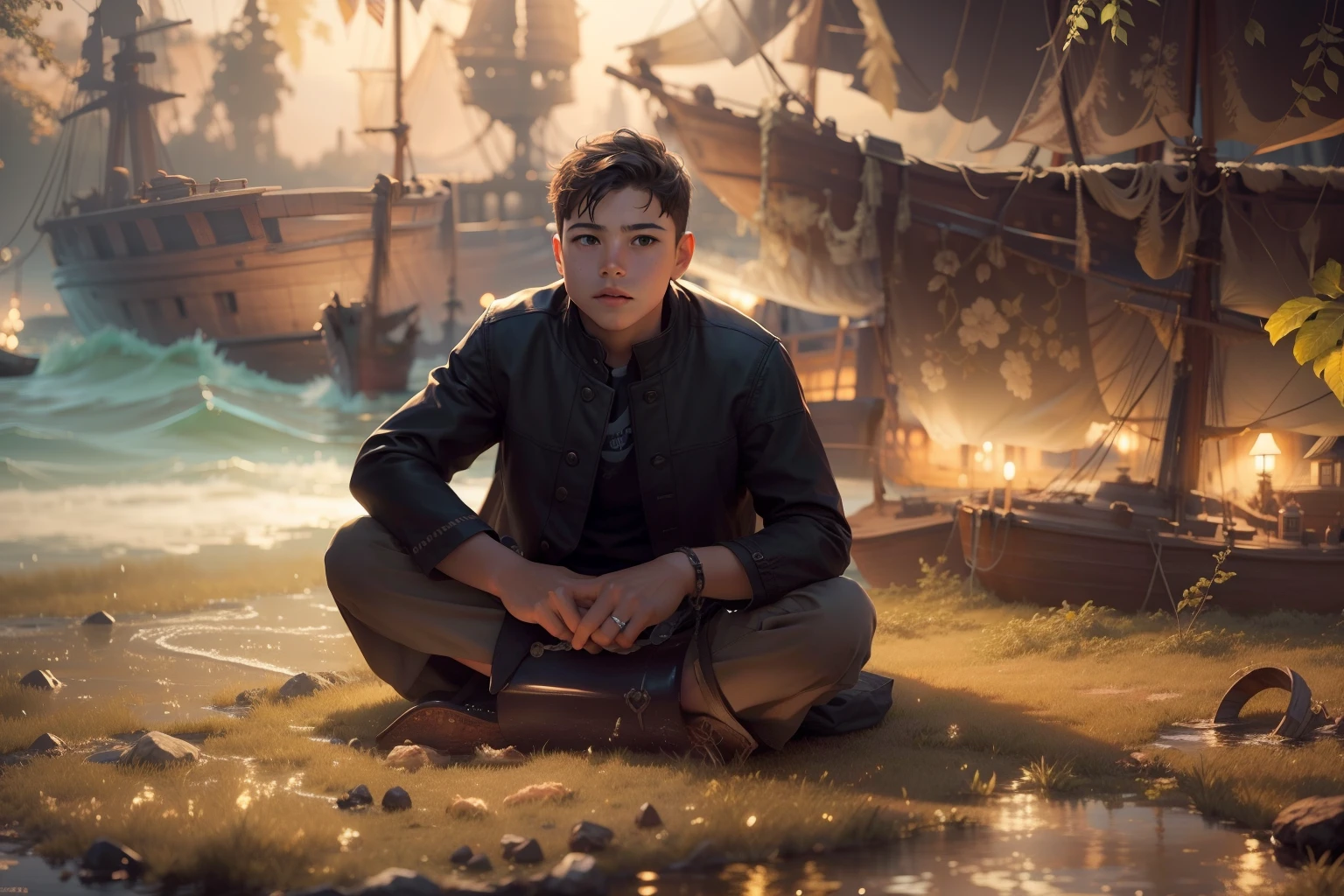 Change background into young boy sitting in Ship in water midnight ultra realistic