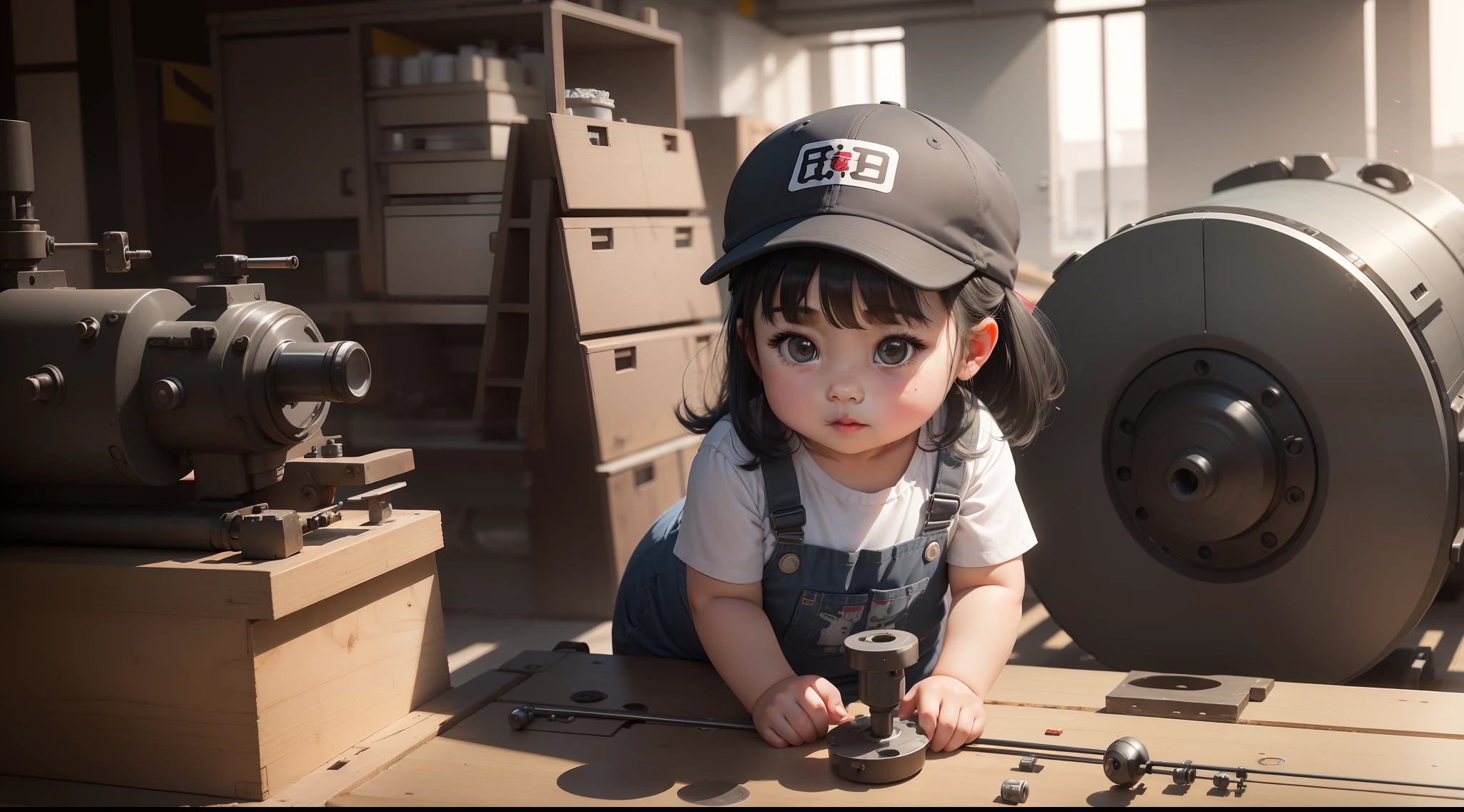 A 3-year-old slightly chubby girl in China, Wear a cap,Gray tooling,Gray trousers,Lathe operation,Workshops, Workshops,assembly line,Black hair, adolable, with brown eye,by Pixar, tchibi,frontage,Full body portrait