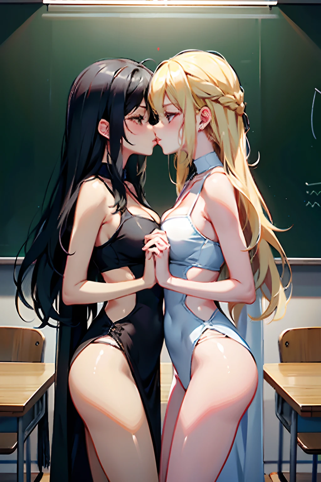 Two girls，Same stature，One black hair and one blonde，Hold each other，The two bodies are close together，Kiss，in class room