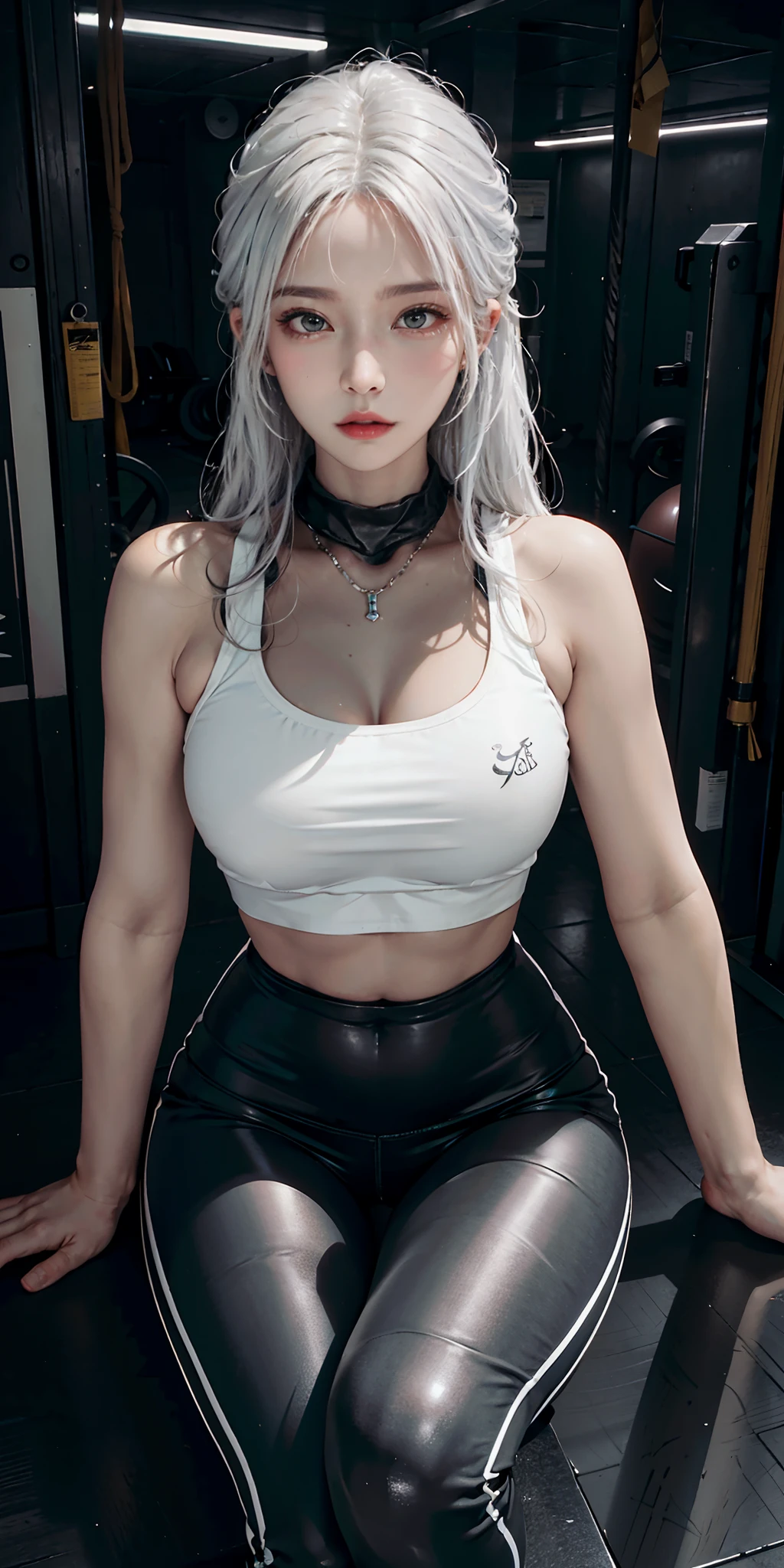 photorealistic, high resolution, 1 girl, white hair, korean, blue eyes, white shirt, skimpy tight black shorts, thick thighs