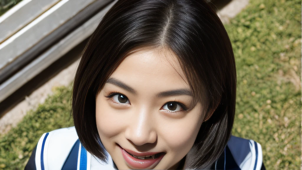 Black ball hair、White Skin Skin、chineseidol、年轻、Thick eyebrows、Black eyes、biting lip、Full of arrogance、Cheer Uniforms、Custom JF clothing、(1 female student)、By the school pond、Sit on a book、Slim eyebrows、Brown hairpins、hentail realism、8K、tmasterpiece、A high resolution、、anatomically correcte、、from above view、32K quality
