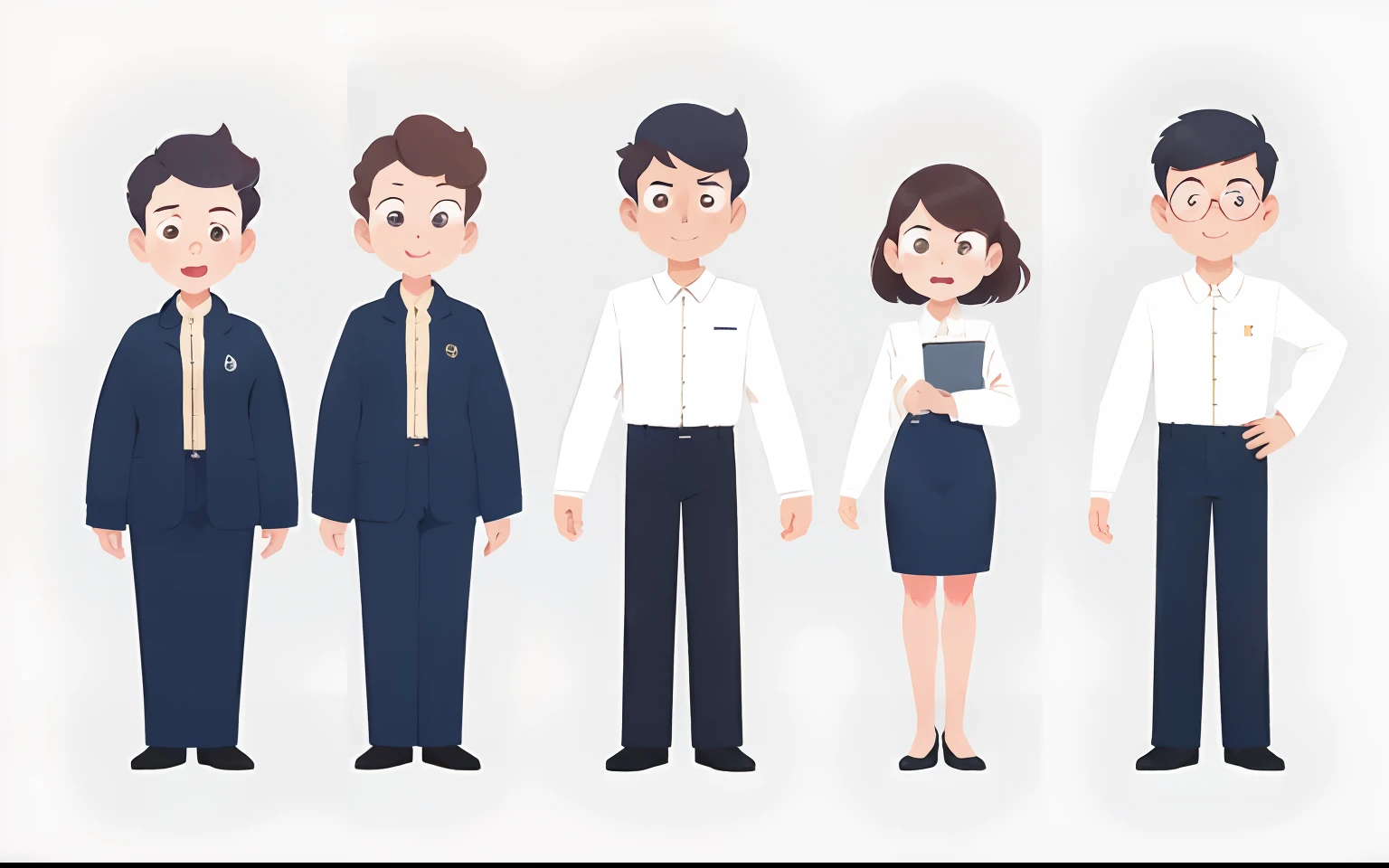 A group of people in business clothes stand in a row, Professional character design, character is standing, Coveralls, Flat illustration, Detailed characters, Coveralls, high quality character design, several character designs, corporate animation style, professional illustrations, character design, Full body character design,