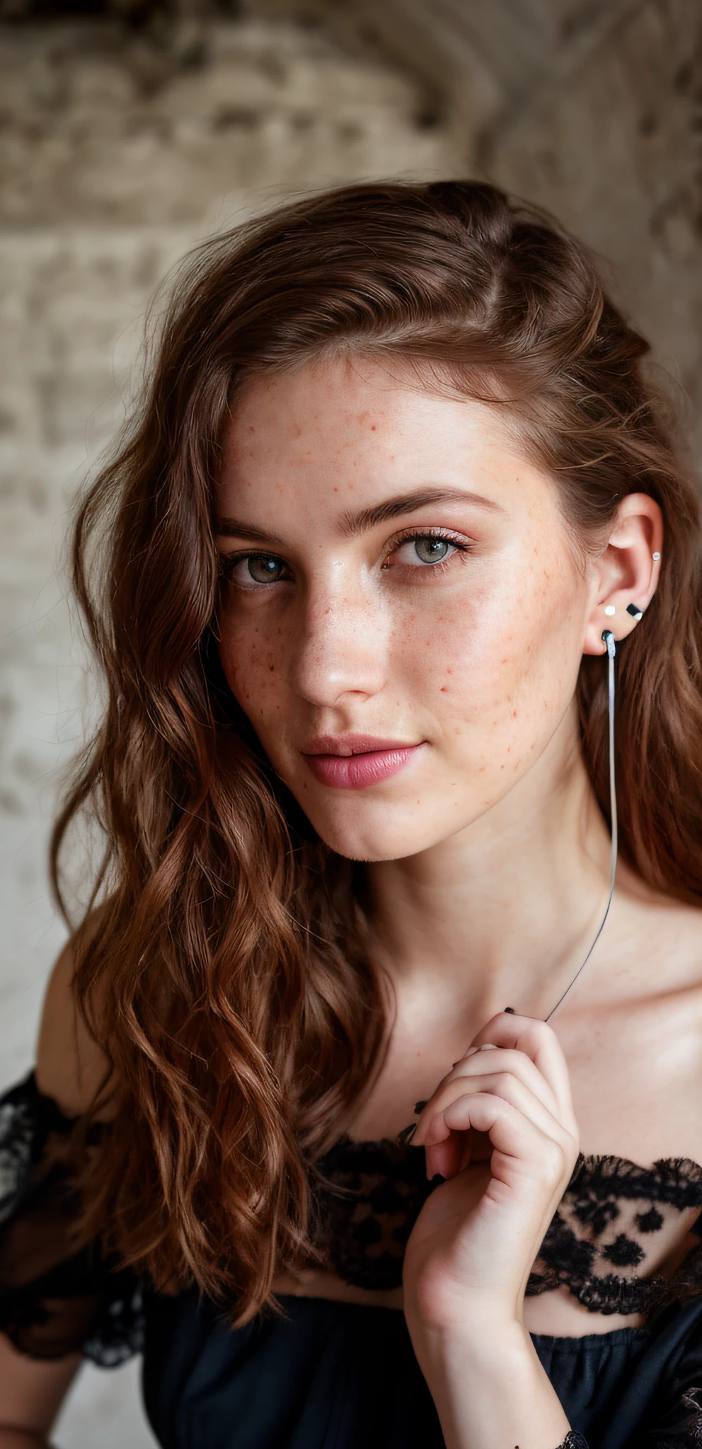 pale 21-year-old Irishwoman, ce-girl, looking up at the viewer, cute, (full body view) full-length shot, beautiful woman sitting in an abandoned cellar, flirting with camera, smiling, shy, Long hair, (full body: 1.3), (disheveled, with bright red matted hair), (standing), full-length portrait, perfect face, captivating eyes, bright details, earbuds, ultra sharp focus, wearing black lace dress, off shoulder, cup C breasts, full body, (high skin detail), freckles, (dirty: 0.8), Key lighting, (backlight: 0.5), medium depth of field, Canon 5D, 50mm lens, f/4 aperture, (ultra-detailed, complex detail), sharp focus, soft colors, 8k, absurd, 8mm film grain, war photography, max detail, roughness, real life, ultra realistic, photorealism, photography, photography, high detailed skin, detailed skin, best ratio, delicate fingers, (realistic, photo-realistic:1.37)