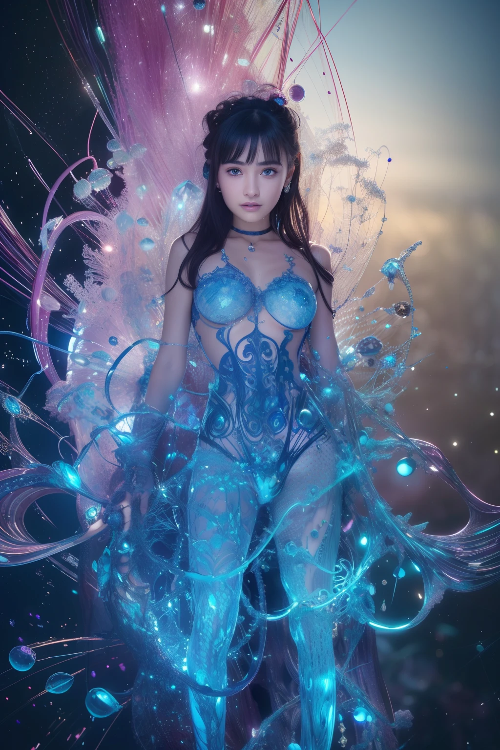 Photorealistic, incredibly beautiful nature background, one girl, one beautiful age Saudi girl, (full body:1.2), magic attack, electric shock from hands, detailed nano-suit with beautiful fractal or marble design decorated with jewels of three colors: emerald, sapphire, ruby, beautiful face, portrait, thick eyebrows, (big violet eyes:1.1), symmetrical fine beautiful eyes, (ultra-detailed blue eyes:1.2), High resolution eyes, happy and seductive smile, intimate face, joy, smile, laughter, (ultra-detailed skin texture:1.4), detailed pores, perfect anatomy, thin, toned body, hair bow, moist skin, sweaty, no makeup, anatomy, focus face, good looking, sensual face, elegant face, nice, sweet, small breasts, cyberpunk sci-fi, mechanical gauntlet, entanglement, mandala, blurred background, blurred foreground, depth of field, (motion blur:1.1), complex colorful biomechanical bodysuit, zentangle, mandala, entangled, 8K portrait, best quality, very high resolution, (small breasts:1.4), thin breasts, (beautiful nipples:1.2), nsfw,