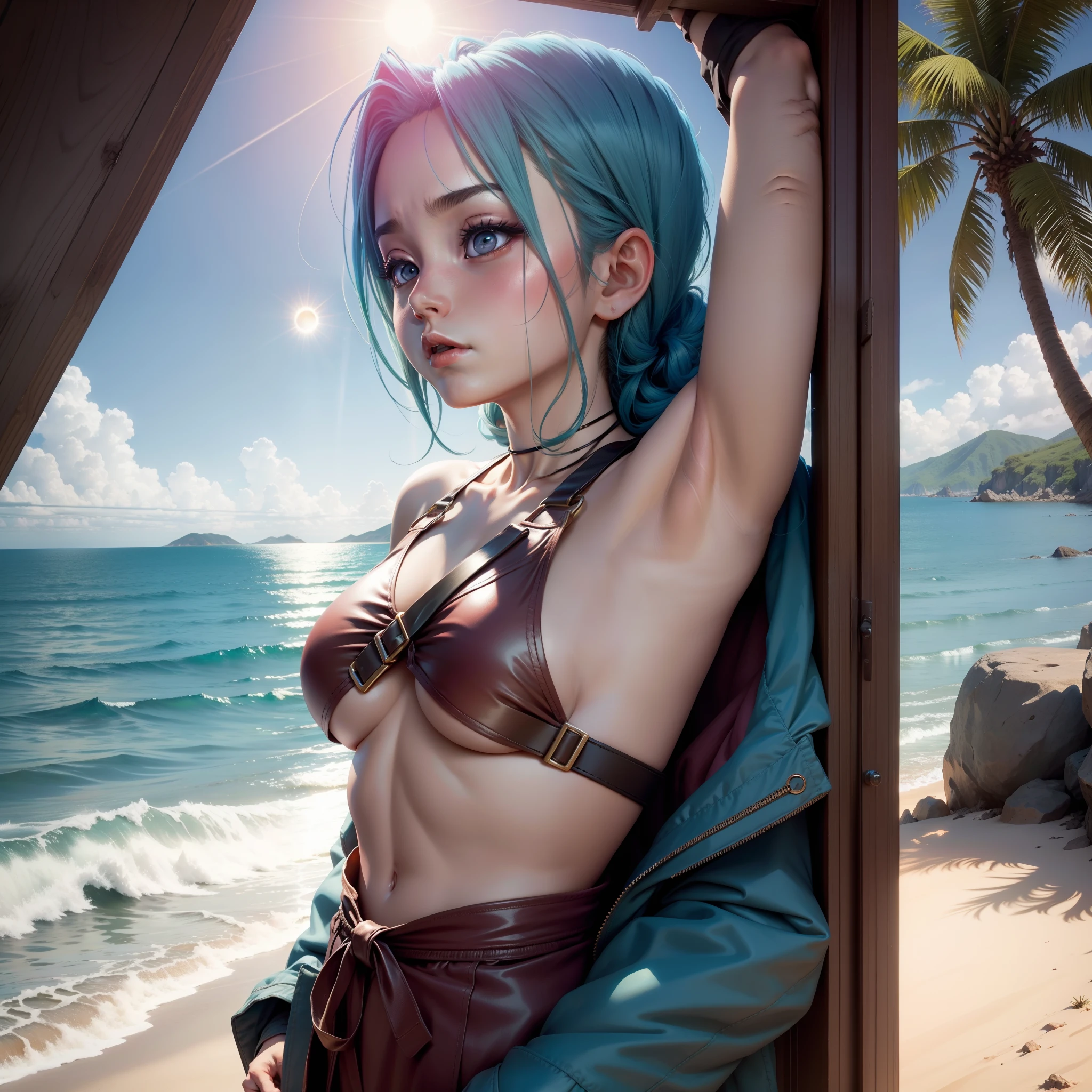 anime big breast:Boy looking up at the sun with sea view