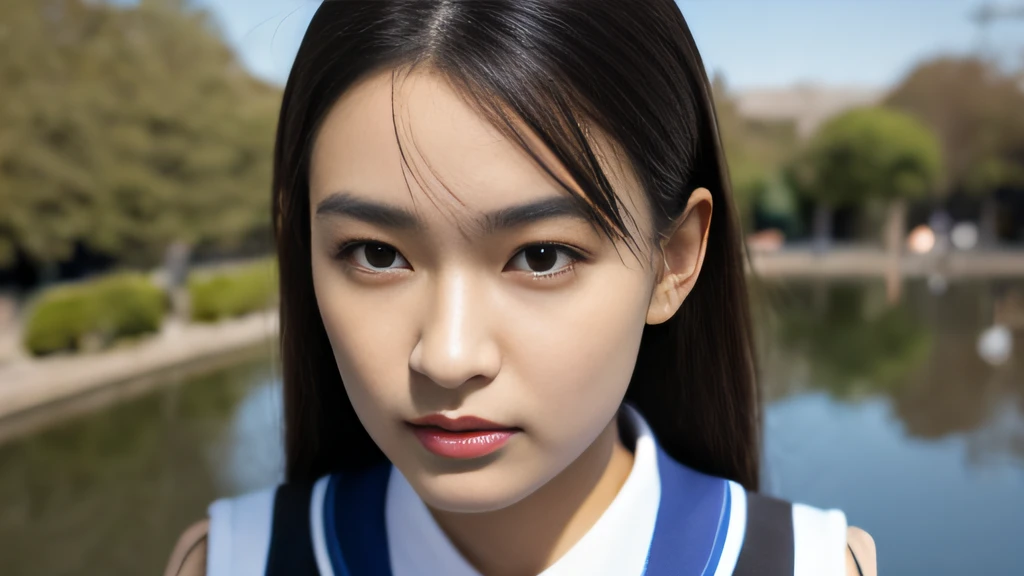 Black ball hair、White Skin Skin、chineseidol、年轻、Thick eyebrows、Black eyes、biting lip、Full of arrogance、Cheer Uniforms、Custom JF clothing、（1 female student）、By the school pond、Sit on a book、Slim eyebrows、Brown hairpins、hentail realism、8K、tmasterpiece、A high resolution、、anatomically correcte、、from above view、32K quality